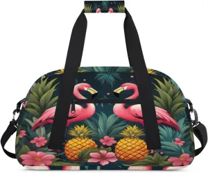 Cute Flamingo Gym Duffel Bag for Men Women Pineapple Flower Sports Tote Bag with Adjustable Shoulder Strap for Dance Gymnastics Traveling Outdoor Camping Overnight Stay