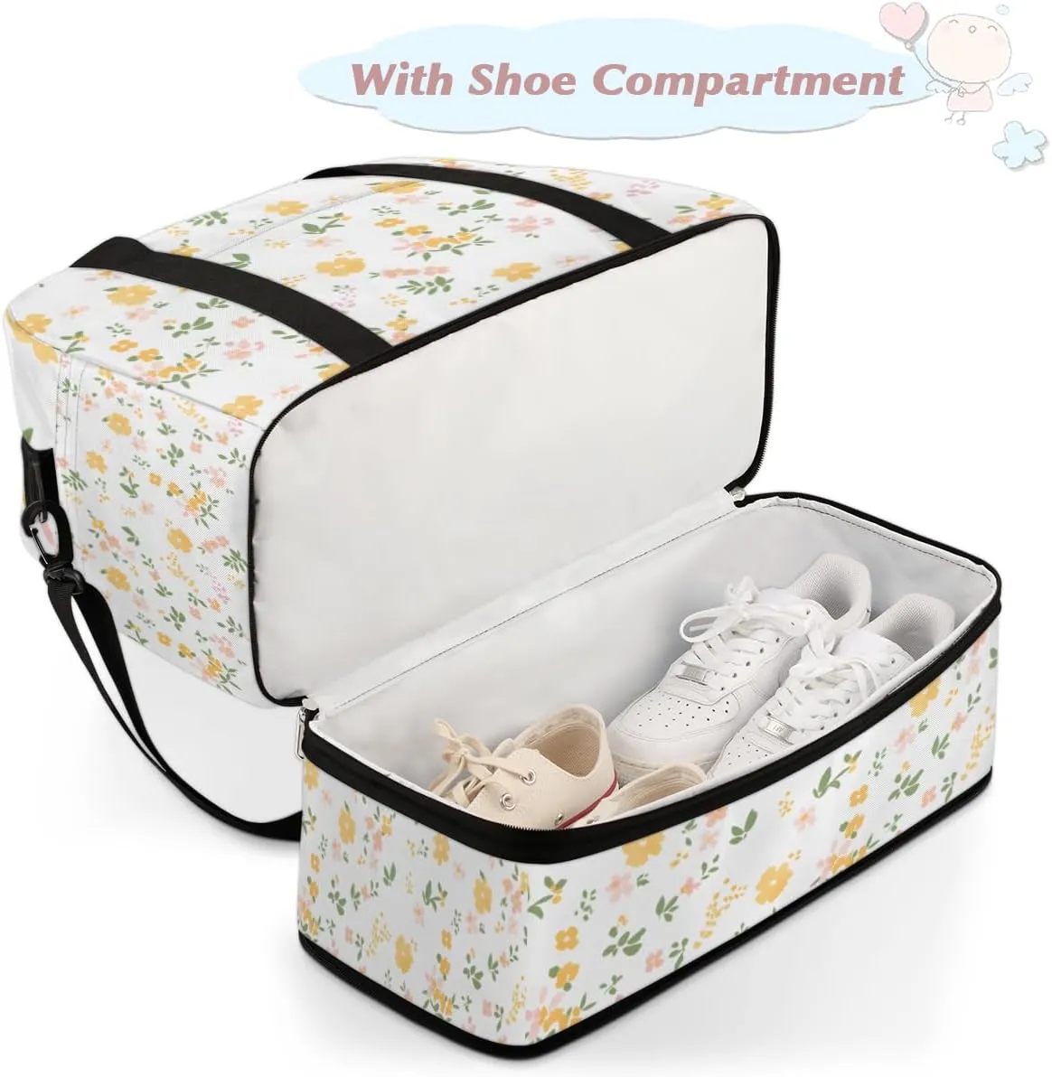 Cute Flower Print Foldable Duffle Bag with Shoes Compartment Large Capacity Waterproof Travel Weekender Bag Overnight Bag for Sports Gym