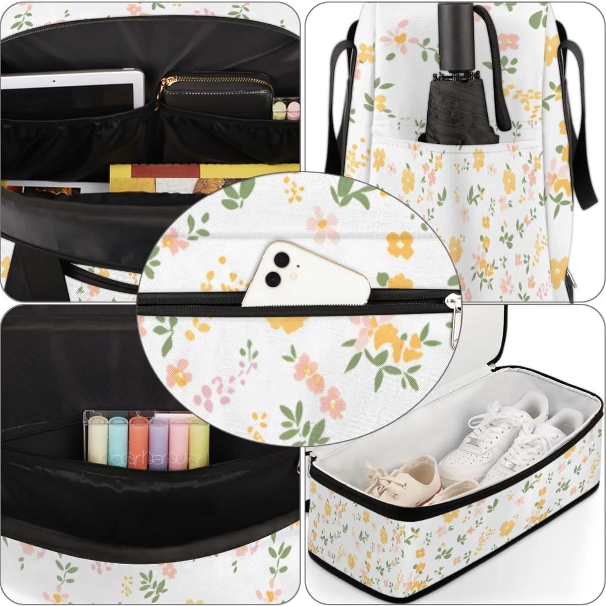 Cute Flower Print Foldable Duffle Bag with Shoes Compartment Large Capacity Waterproof Travel Weekender Bag Overnight Bag for Sports Gym