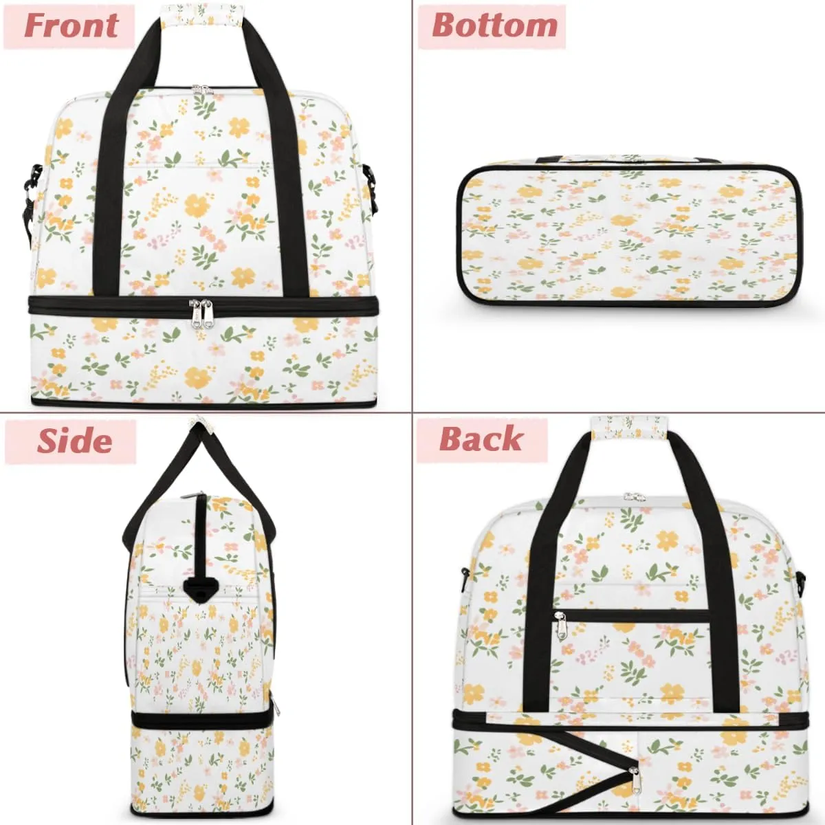 Cute Flower Print Foldable Duffle Bag with Shoes Compartment Large Capacity Waterproof Travel Weekender Bag Overnight Bag for Sports Gym
