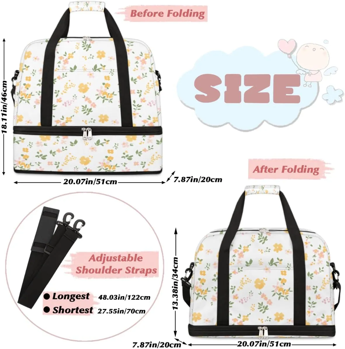 Cute Flower Print Foldable Duffle Bag with Shoes Compartment Large Capacity Waterproof Travel Weekender Bag Overnight Bag for Sports Gym