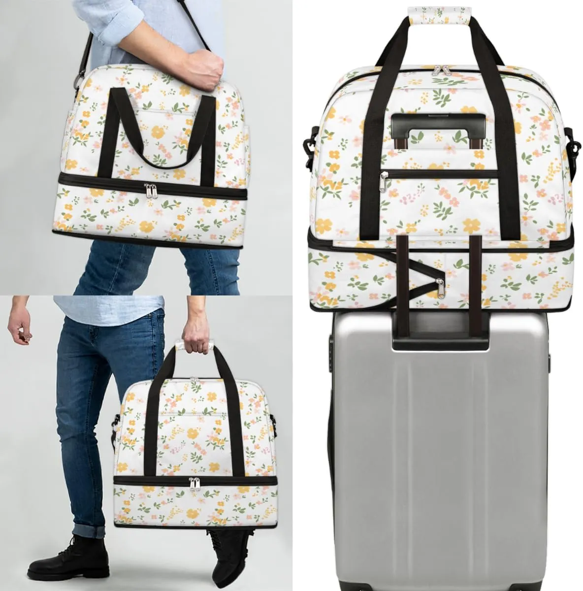 Cute Flower Print Foldable Duffle Bag with Shoes Compartment Large Capacity Waterproof Travel Weekender Bag Overnight Bag for Sports Gym