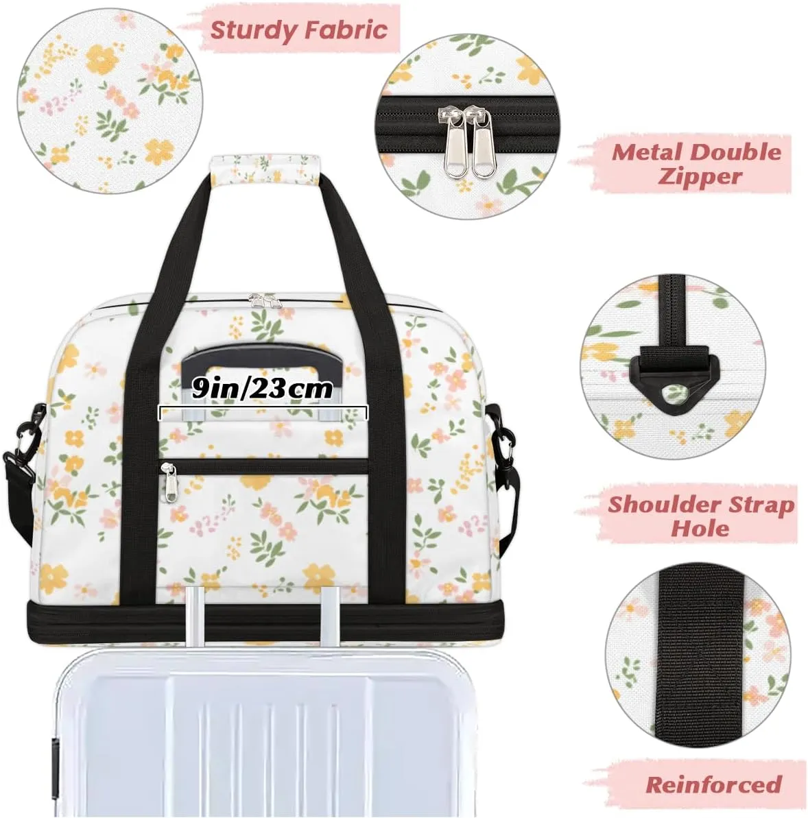 Cute Flower Print Foldable Duffle Bag with Shoes Compartment Large Capacity Waterproof Travel Weekender Bag Overnight Bag for Sports Gym