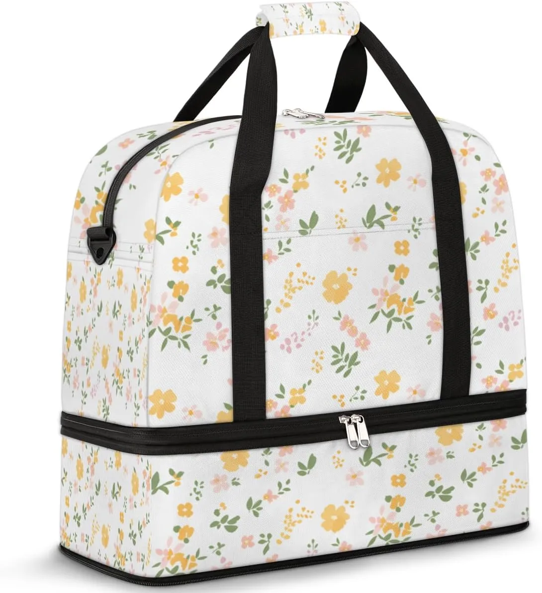 Cute Flower Print Foldable Duffle Bag with Shoes Compartment Large Capacity Waterproof Travel Weekender Bag Overnight Bag for Sports Gym