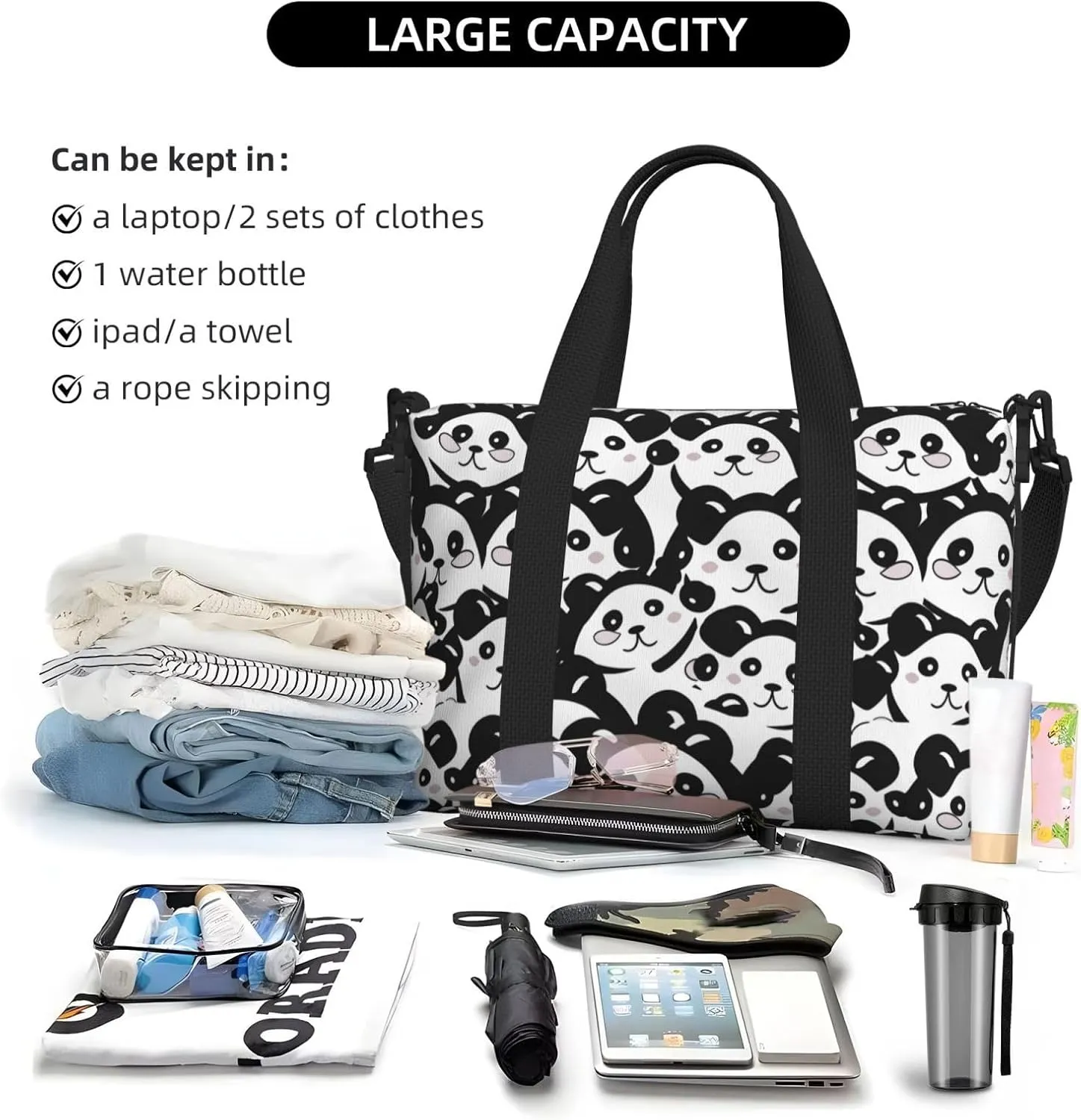Cute Panda Travel Duffel Bags for Women Men, Sports Training Gym Bag Dance Bag with Adjustable Shoulder Strap Cartoon Bear Weekender Overnight Bag