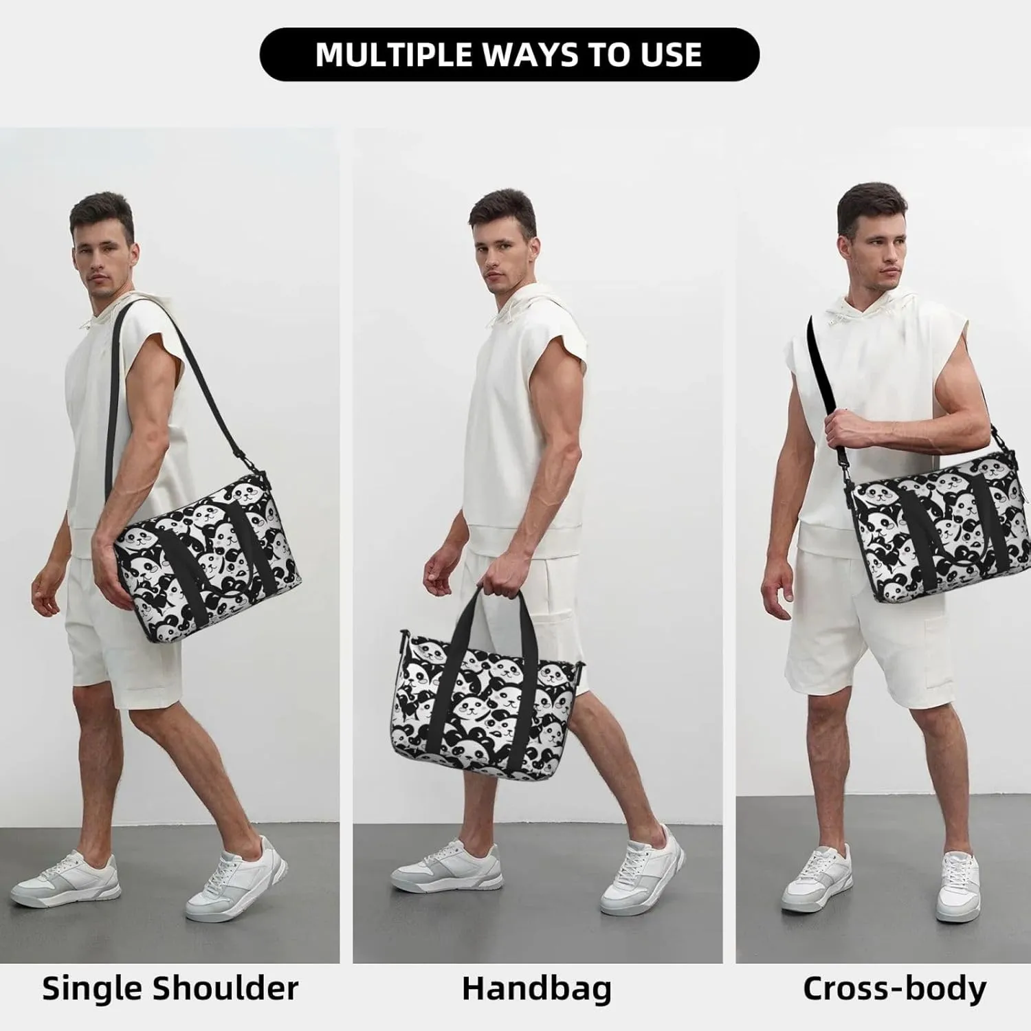 Cute Panda Travel Duffel Bags for Women Men, Sports Training Gym Bag Dance Bag with Adjustable Shoulder Strap Cartoon Bear Weekender Overnight Bag