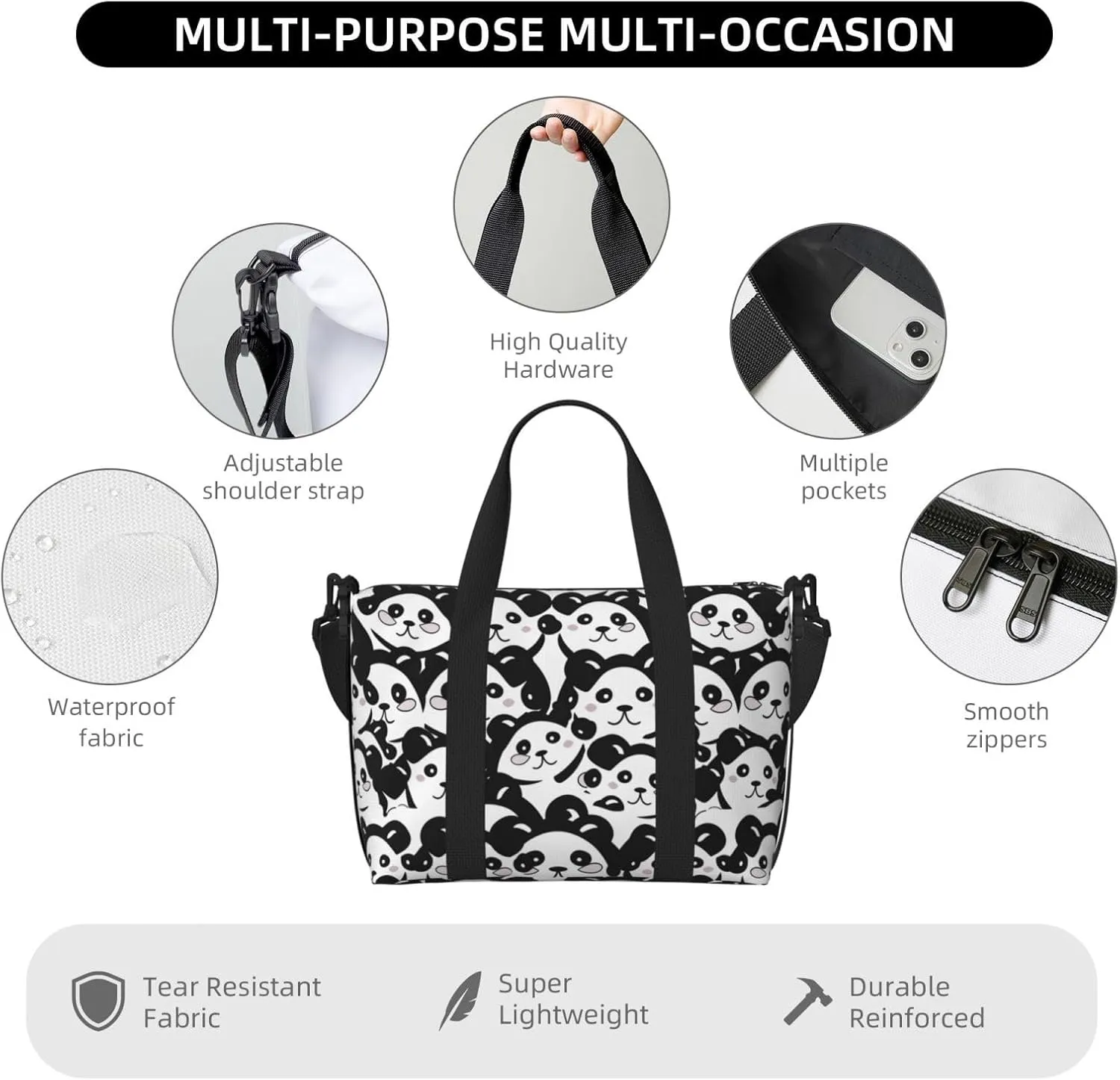Cute Panda Travel Duffel Bags for Women Men, Sports Training Gym Bag Dance Bag with Adjustable Shoulder Strap Cartoon Bear Weekender Overnight Bag