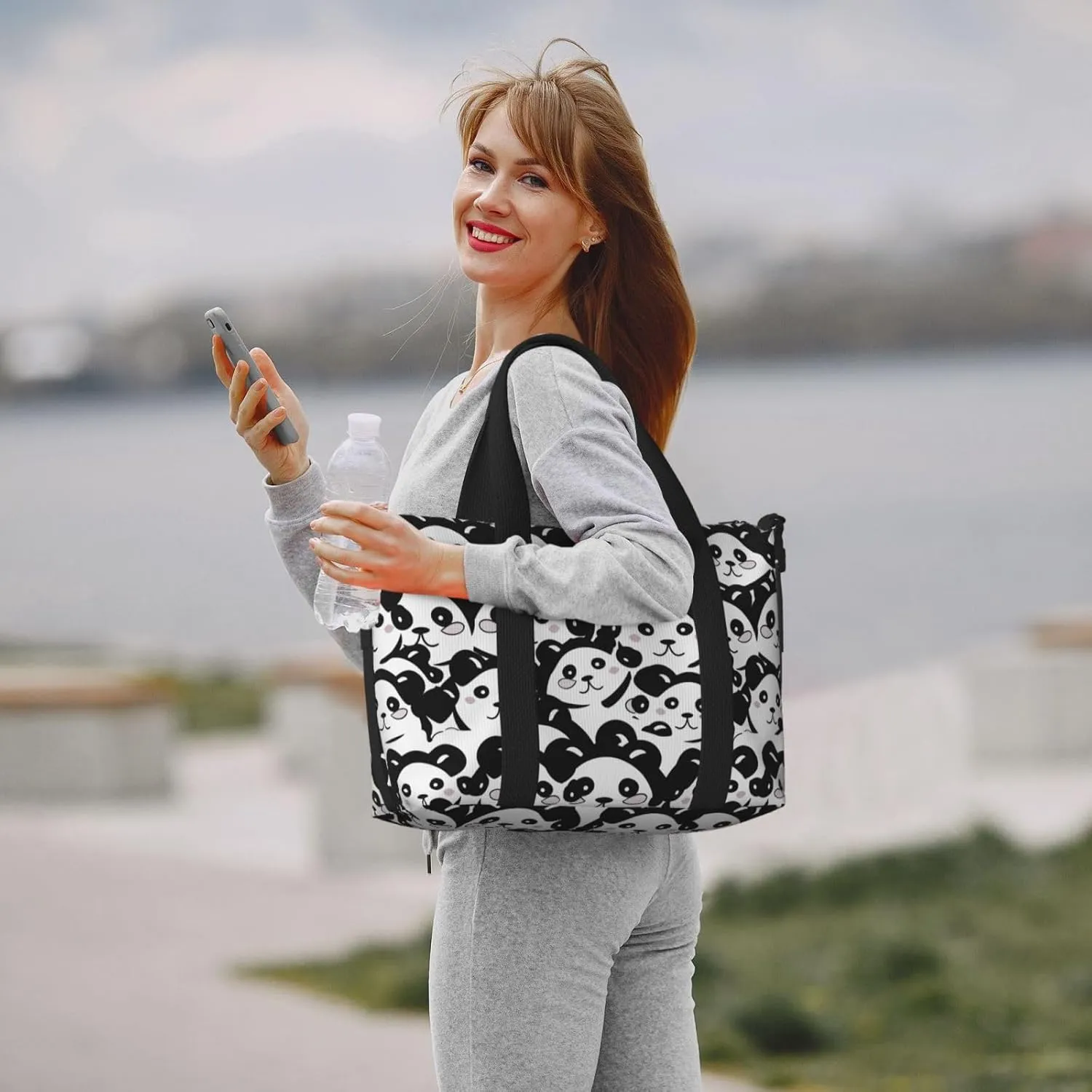 Cute Panda Travel Duffel Bags for Women Men, Sports Training Gym Bag Dance Bag with Adjustable Shoulder Strap Cartoon Bear Weekender Overnight Bag