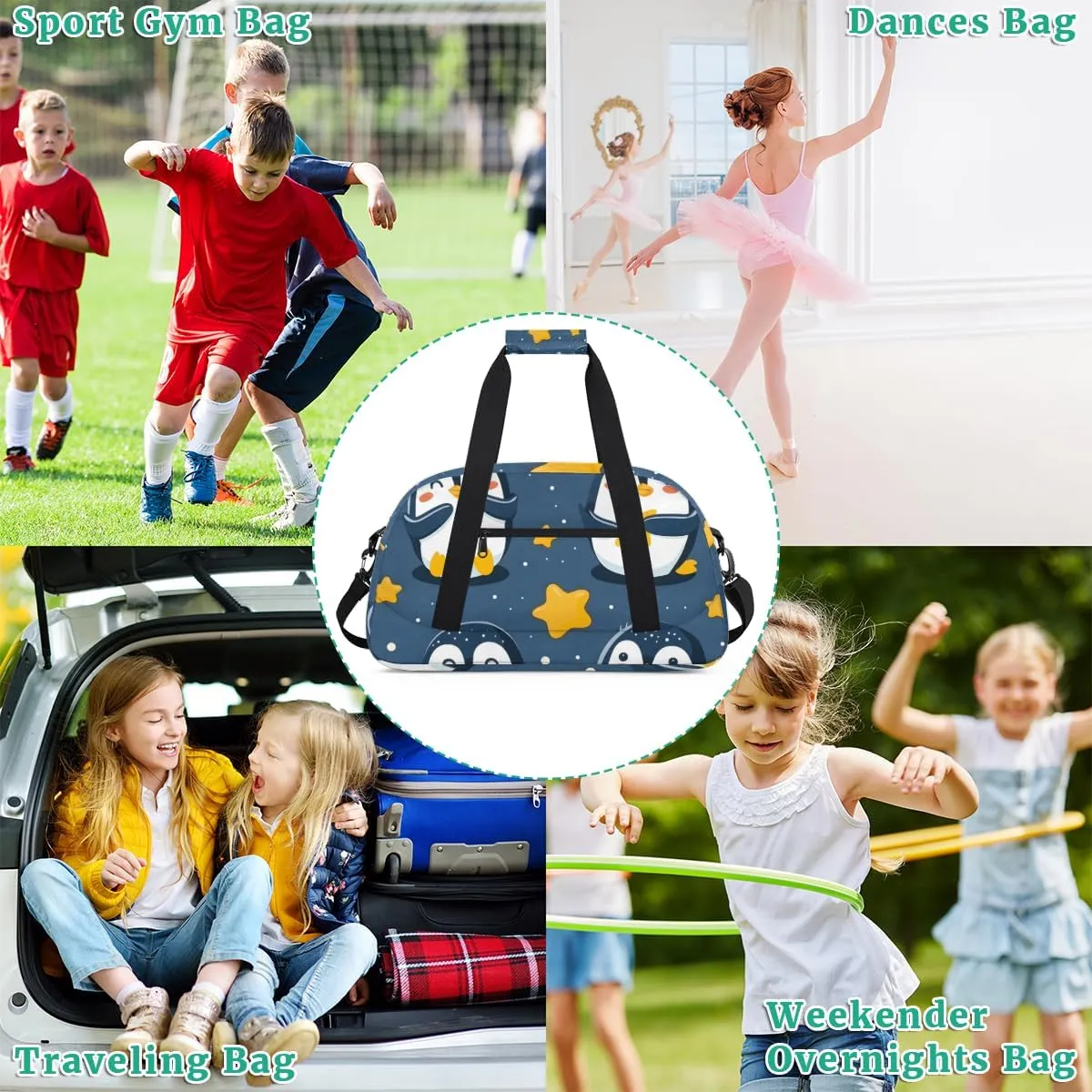 Cute Penguin Boys Girls Gym Bag Dance Perform Training Duffel Bags Weekender Carry-On Tote Luggage Bag Ideal for School Practice or Overnight Trips Penguin