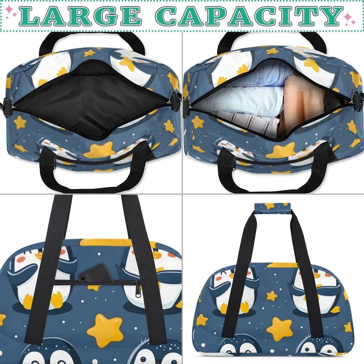 Cute Penguin Boys Girls Gym Bag Dance Perform Training Duffel Bags Weekender Carry-On Tote Luggage Bag Ideal for School Practice or Overnight Trips Penguin