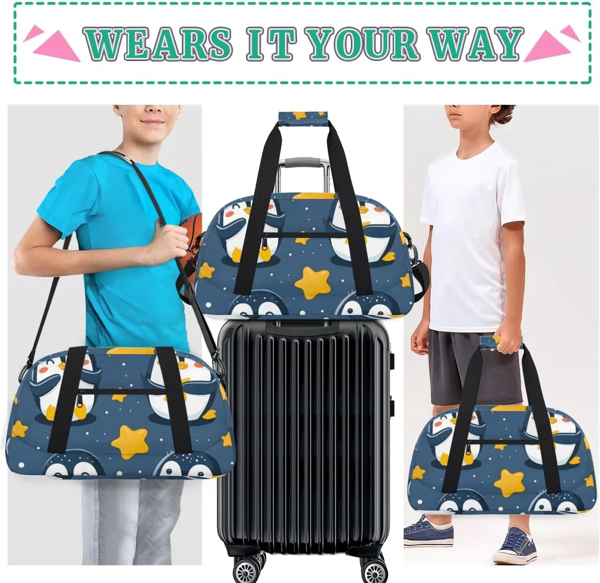 Cute Penguin Boys Girls Gym Bag Dance Perform Training Duffel Bags Weekender Carry-On Tote Luggage Bag Ideal for School Practice or Overnight Trips Penguin