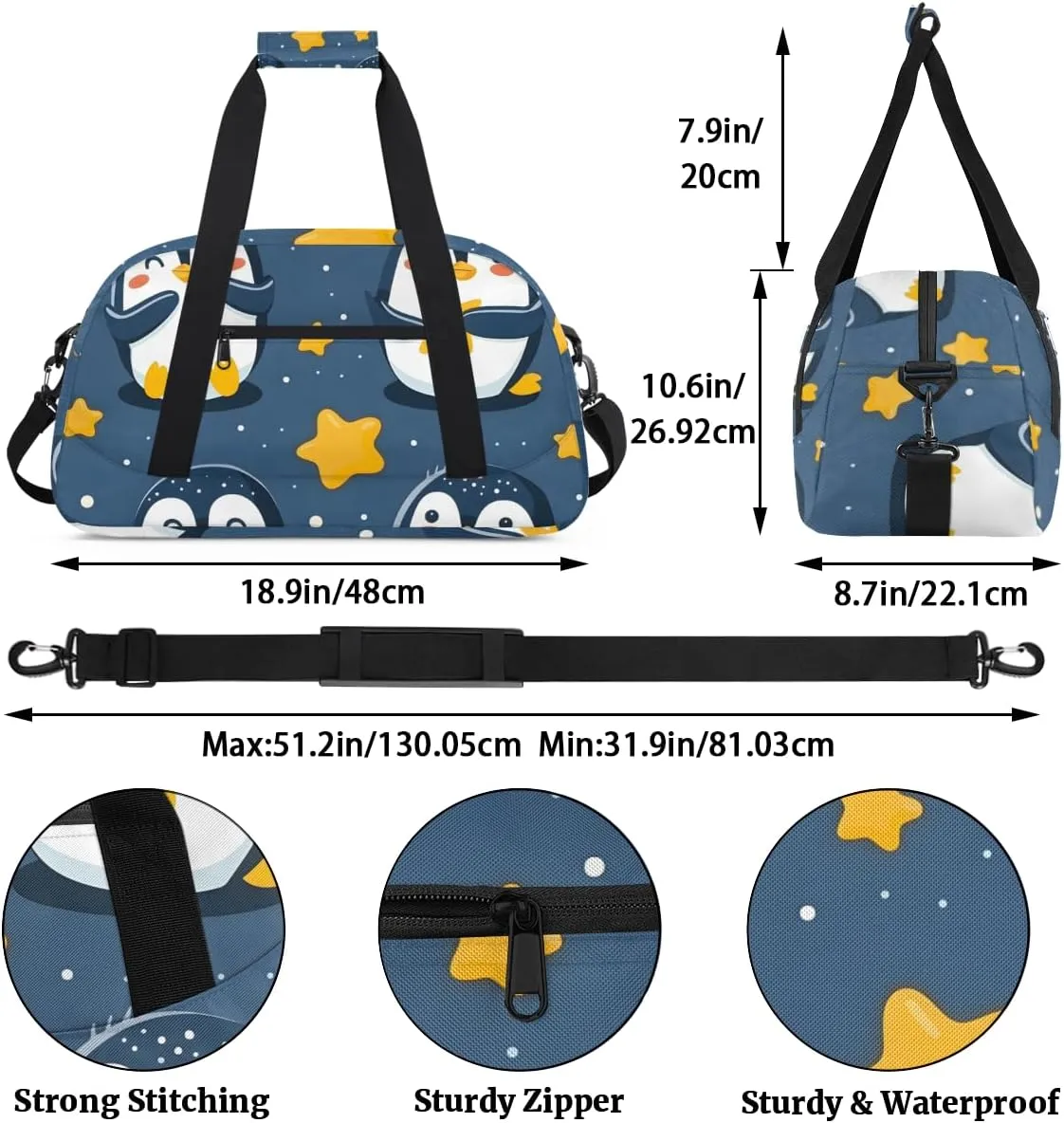 Cute Penguin Boys Girls Gym Bag Dance Perform Training Duffel Bags Weekender Carry-On Tote Luggage Bag Ideal for School Practice or Overnight Trips Penguin
