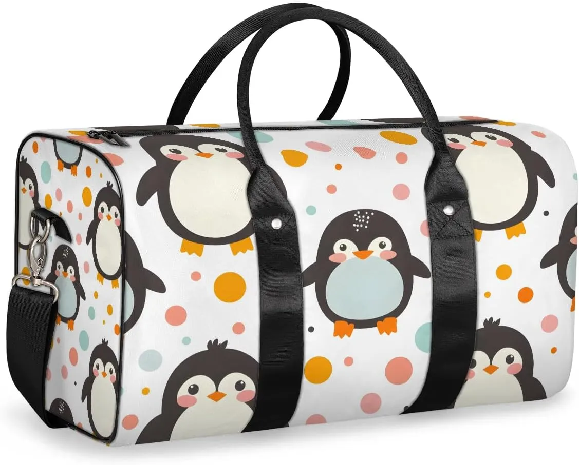 Cute Penguin Polka Dot Travel Duffel Bag for Women Men Waterproof Foldable Overnight Weekender Bag Large Capacity Sports Gym Bag