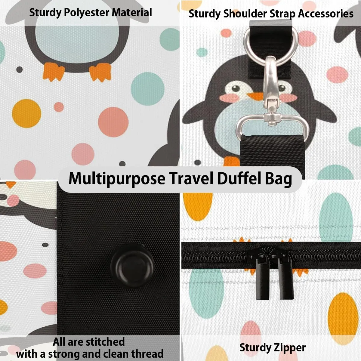 Cute Penguin Polka Dot Travel Duffel Bag for Women Men Waterproof Foldable Overnight Weekender Bag Large Capacity Sports Gym Bag