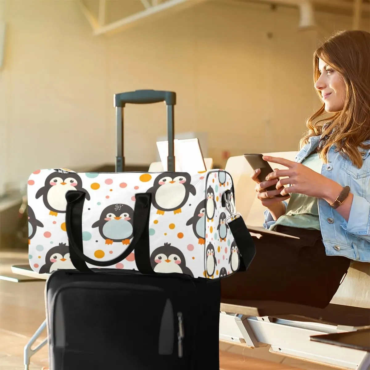 Cute Penguin Polka Dot Travel Duffel Bag for Women Men Waterproof Foldable Overnight Weekender Bag Large Capacity Sports Gym Bag