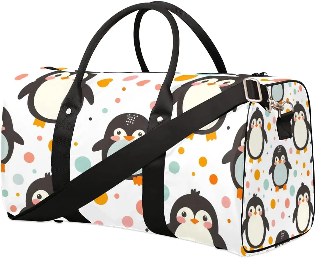 Cute Penguin Polka Dot Travel Duffel Bag for Women Men Waterproof Foldable Overnight Weekender Bag Large Capacity Sports Gym Bag