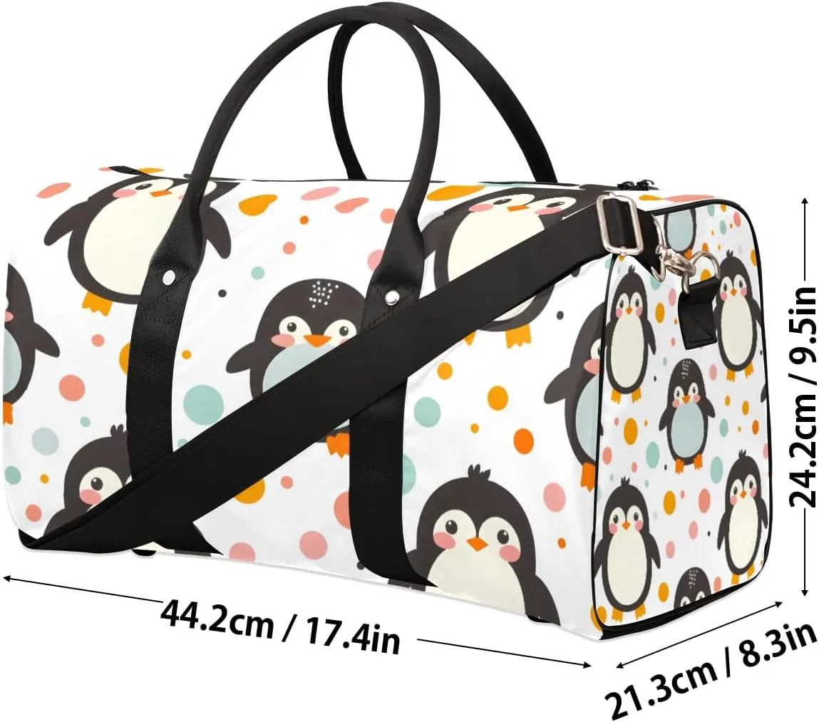Cute Penguin Polka Dot Travel Duffel Bag for Women Men Waterproof Foldable Overnight Weekender Bag Large Capacity Sports Gym Bag