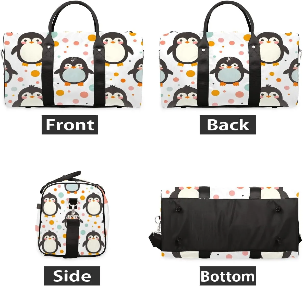 Cute Penguin Polka Dot Travel Duffel Bag for Women Men Waterproof Foldable Overnight Weekender Bag Large Capacity Sports Gym Bag