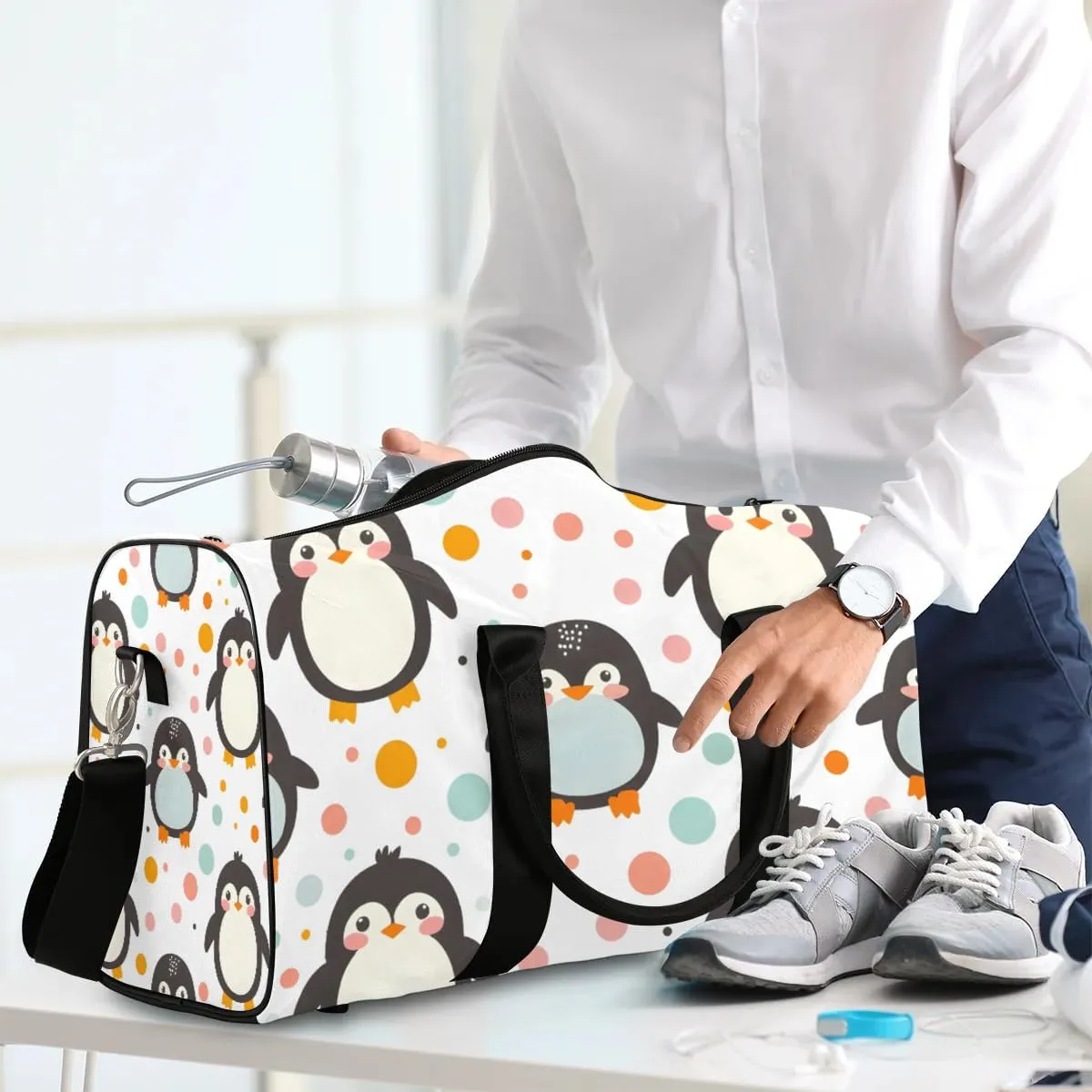 Cute Penguin Polka Dot Travel Duffel Bag for Women Men Waterproof Foldable Overnight Weekender Bag Large Capacity Sports Gym Bag
