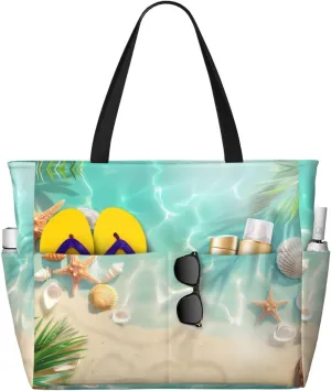Cute Yellow Ducks Beach Tote Pool Bags for Women-Cute Large Gym Grocery Tote Travel Towel Bag,7 Pockets, Zipper