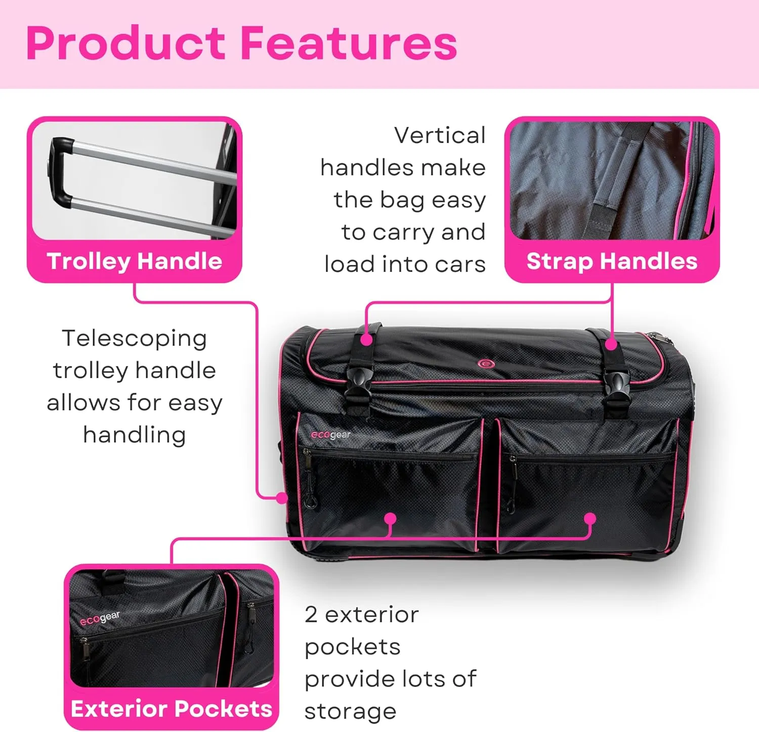 Dance Bag with Garment Rack, 28 Inch Rolling Duffel Ideal for Dance Competition & Travel, Wheeled Upright Luggage with Easy-assembly Lightweight Aluminum Clothes Rack, Black/Pink