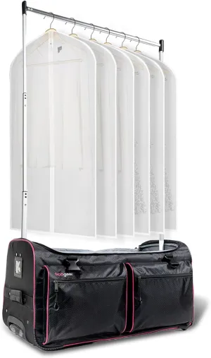 Dance Bag with Garment Rack, 28 Inch Rolling Duffel Ideal for Dance Competition & Travel, Wheeled Upright Luggage with Easy-assembly Lightweight Aluminum Clothes Rack, Black/Pink
