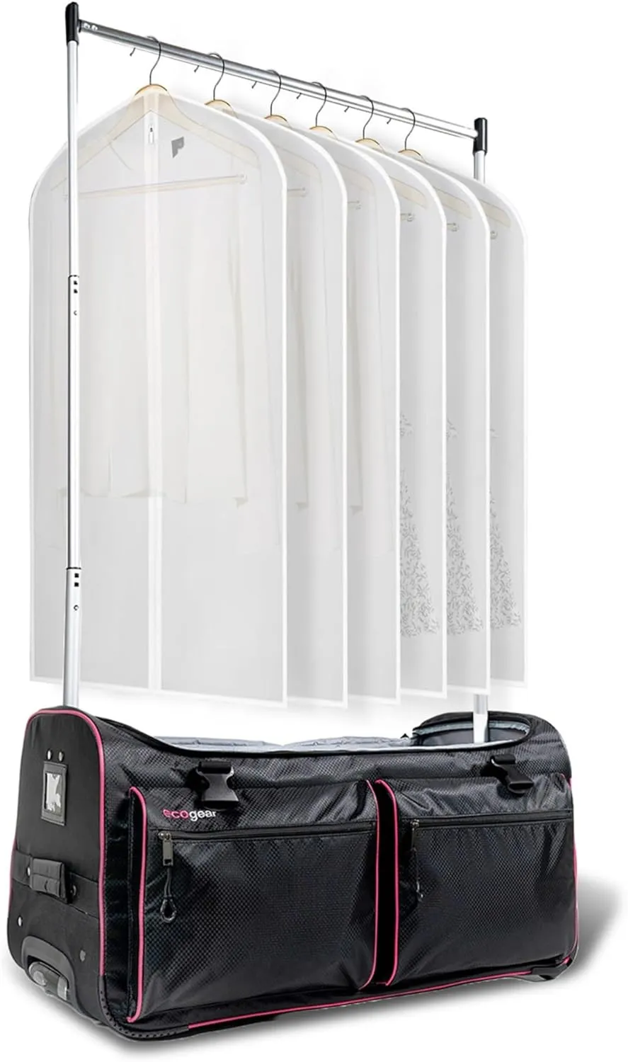 Dance Bag with Garment Rack, 28 Inch Rolling Duffel Ideal for Dance Competition & Travel, Wheeled Upright Luggage with Easy-assembly Lightweight Aluminum Clothes Rack, Black/Pink