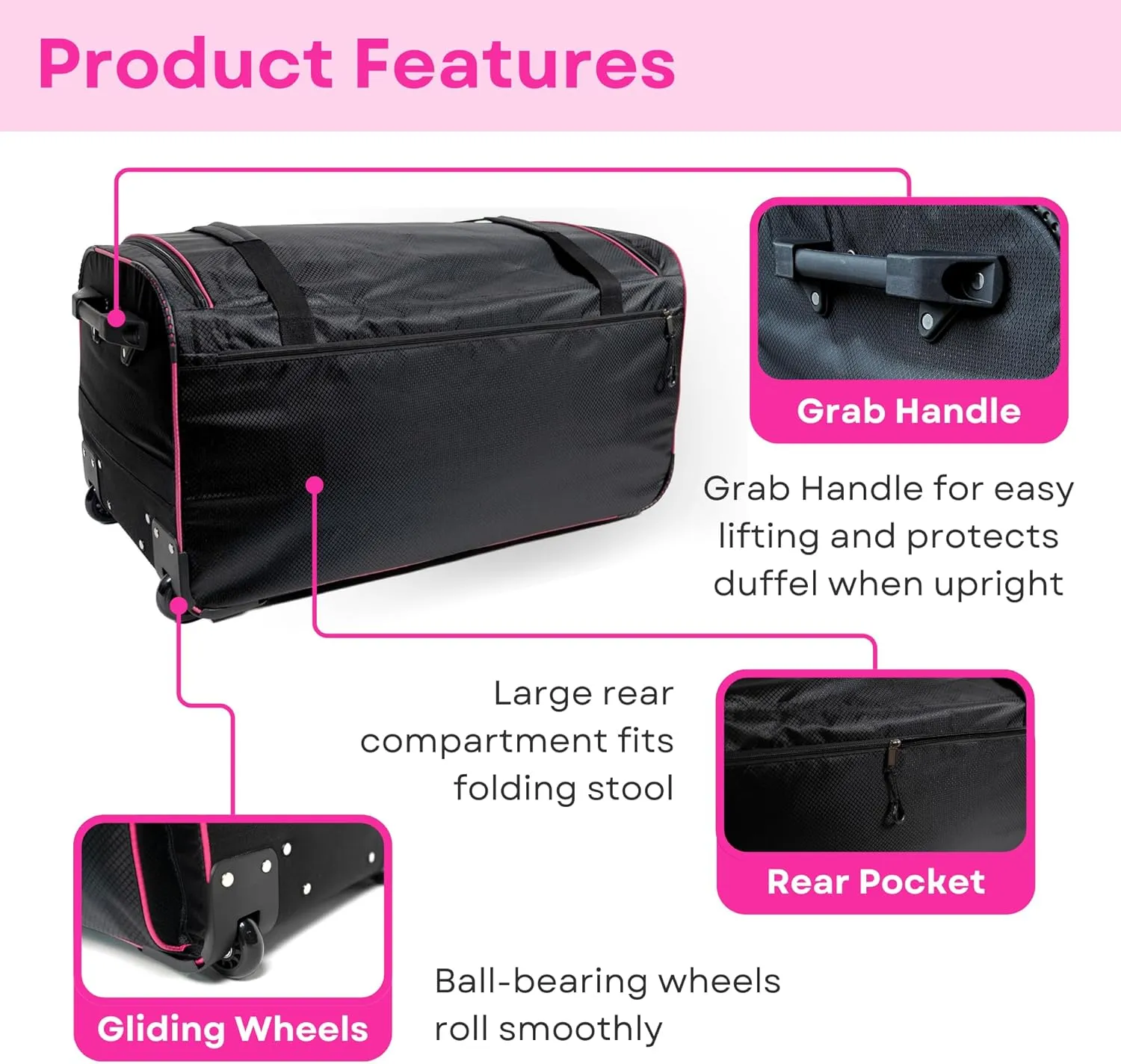 Dance Bag with Garment Rack, 28 Inch Rolling Duffel Ideal for Dance Competition & Travel, Wheeled Upright Luggage with Easy-assembly Lightweight Aluminum Clothes Rack, Black/Pink