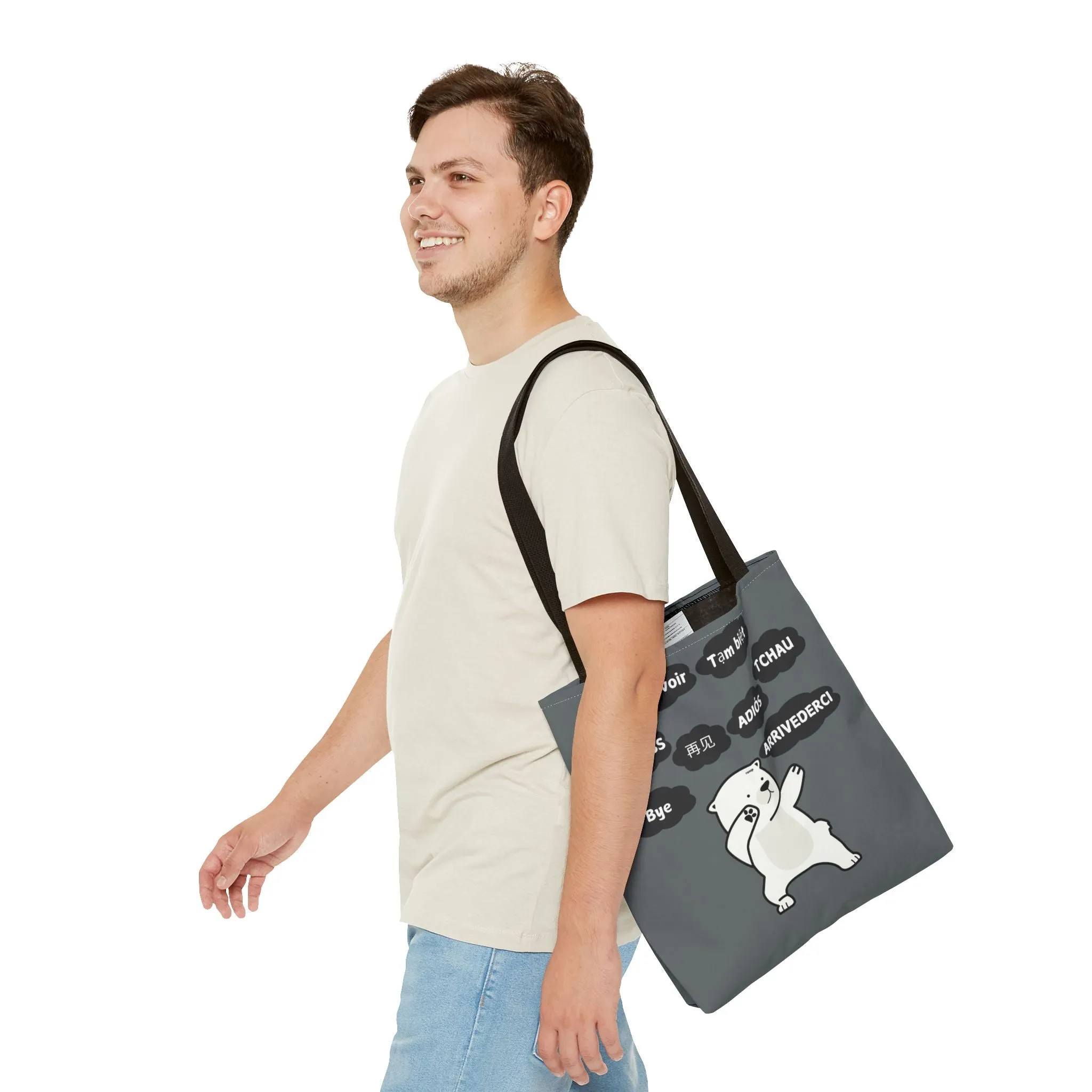 Dark Grey Multilingual Farewell Tote Bag with Dancing Bear Design- Perfect for Friendship Gifts, Bag for Shopping, Everyday Shopping bag
