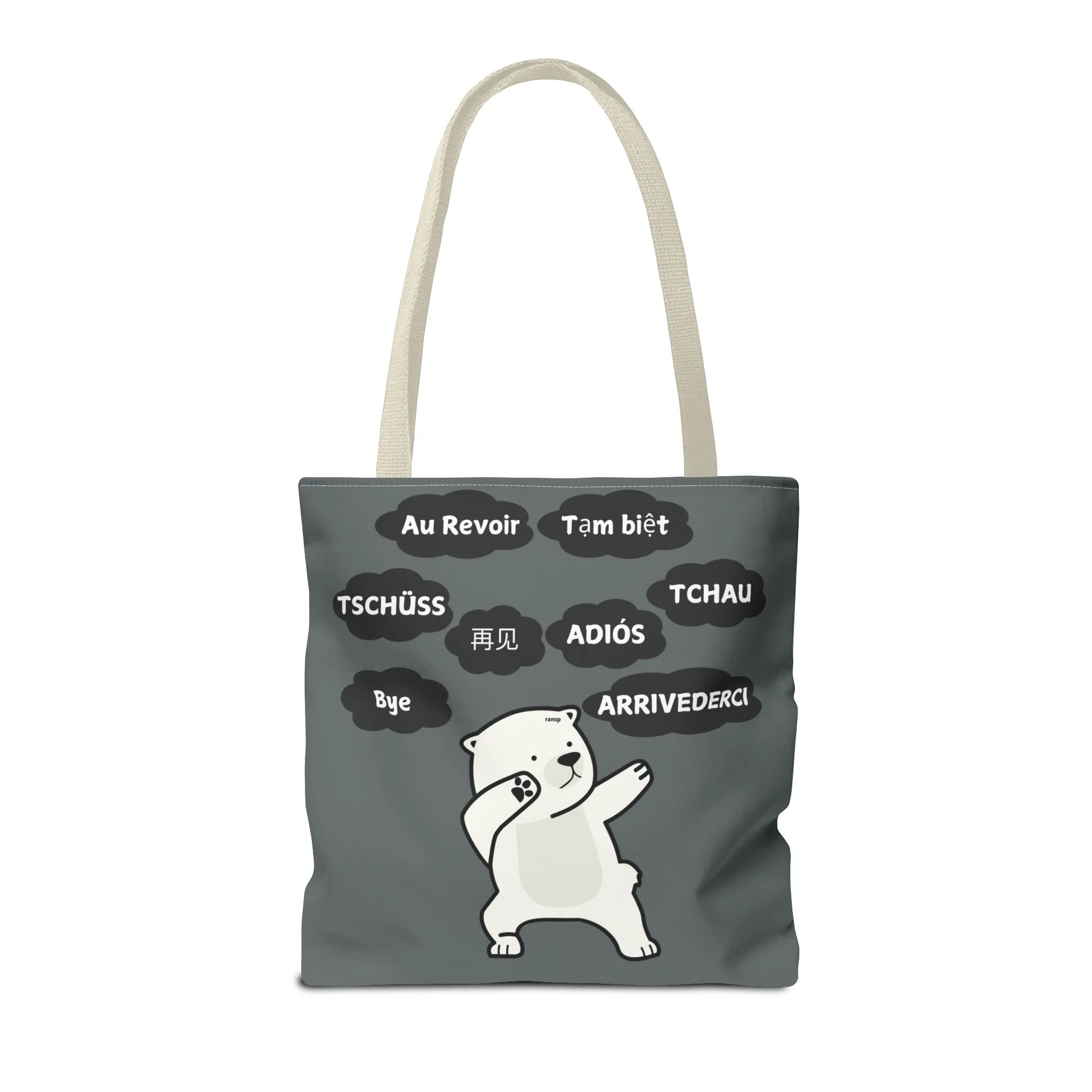 Dark Grey Multilingual Farewell Tote Bag with Dancing Bear Design- Perfect for Friendship Gifts, Bag for Shopping, Everyday Shopping bag