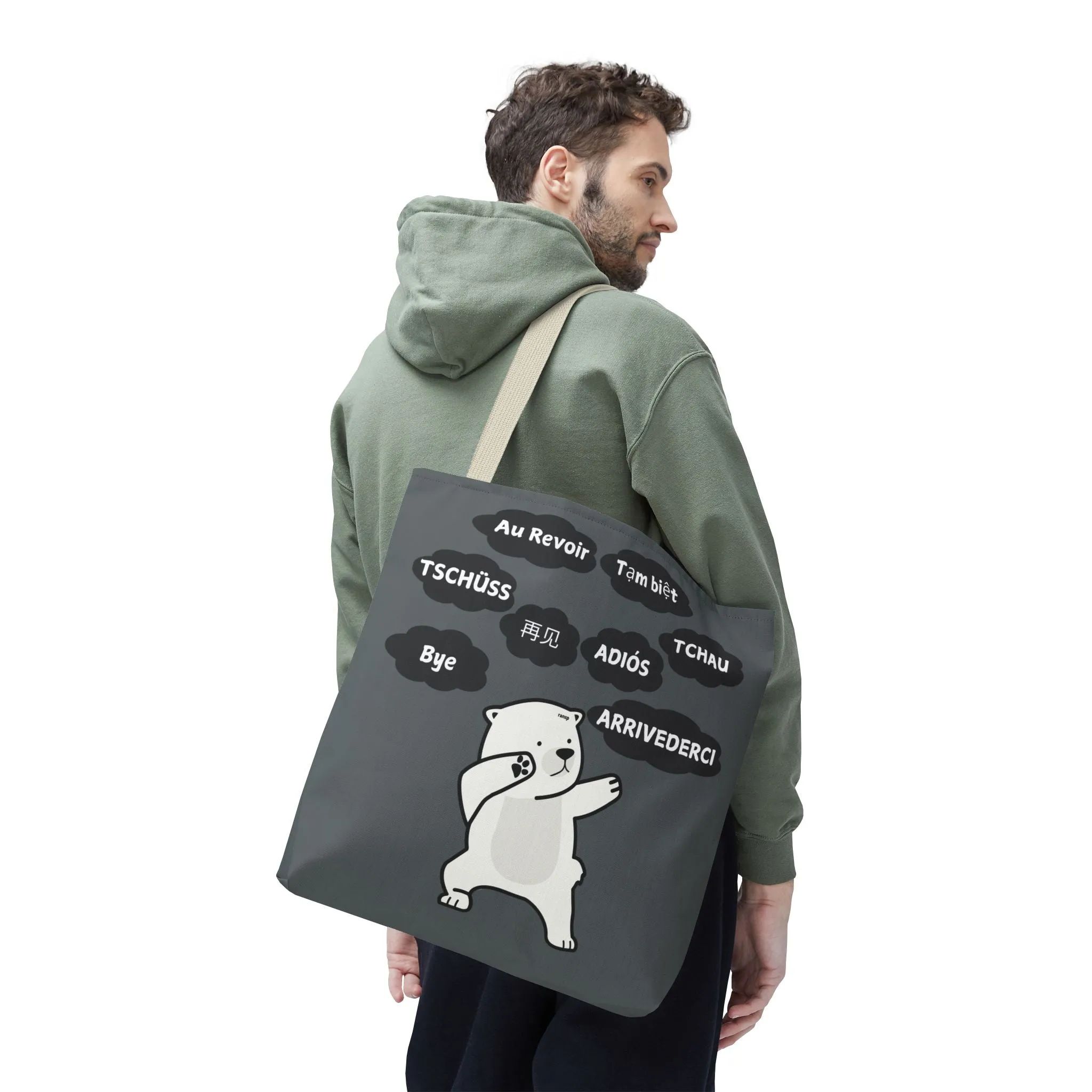 Dark Grey Multilingual Farewell Tote Bag with Dancing Bear Design- Perfect for Friendship Gifts, Bag for Shopping, Everyday Shopping bag