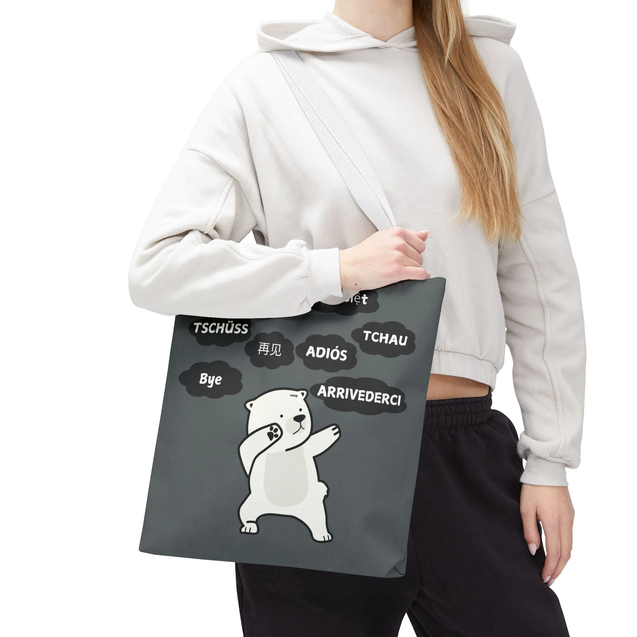 Dark Grey Multilingual Farewell Tote Bag with Dancing Bear Design- Perfect for Friendship Gifts, Bag for Shopping, Everyday Shopping bag