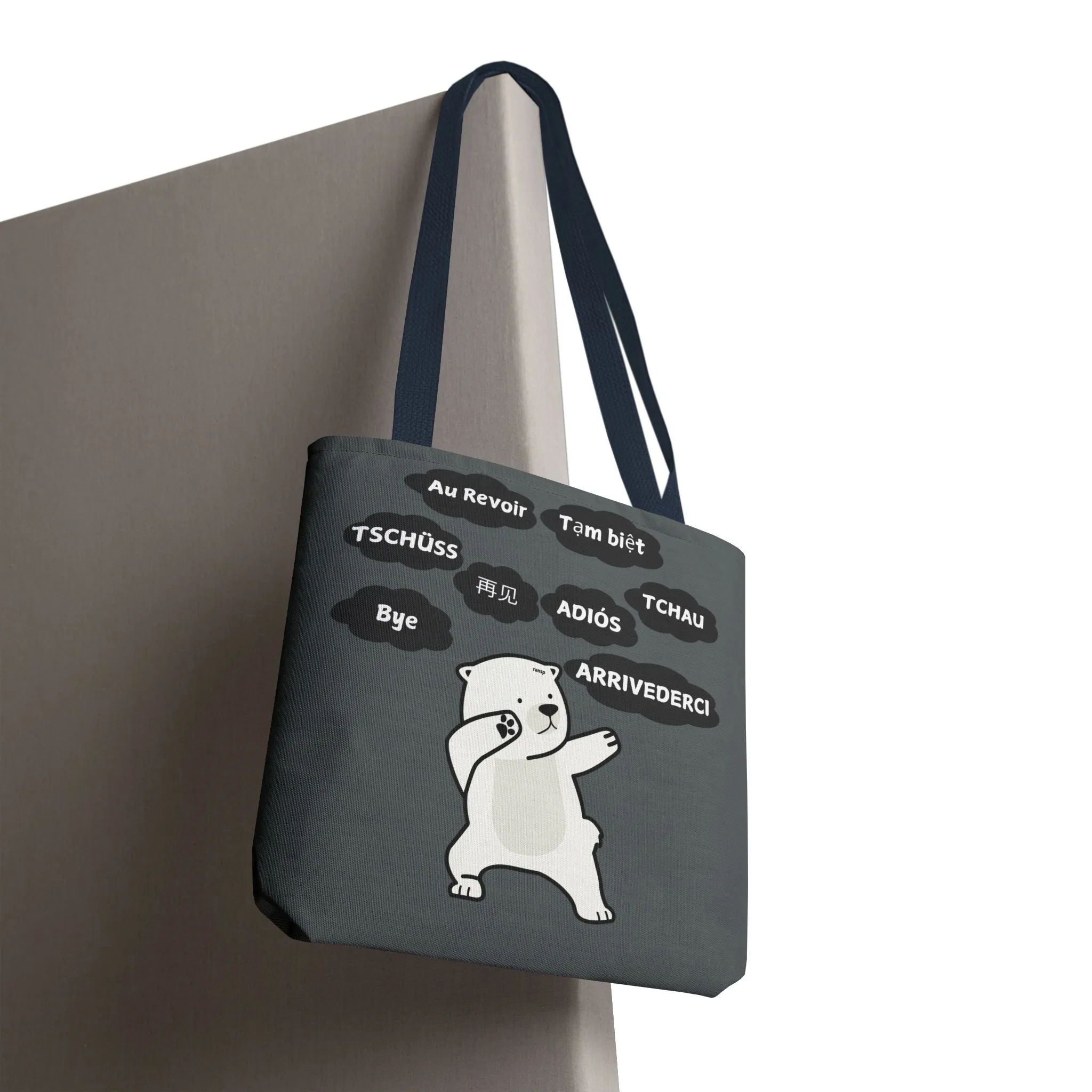 Dark Grey Multilingual Farewell Tote Bag with Dancing Bear Design- Perfect for Friendship Gifts, Bag for Shopping, Everyday Shopping bag