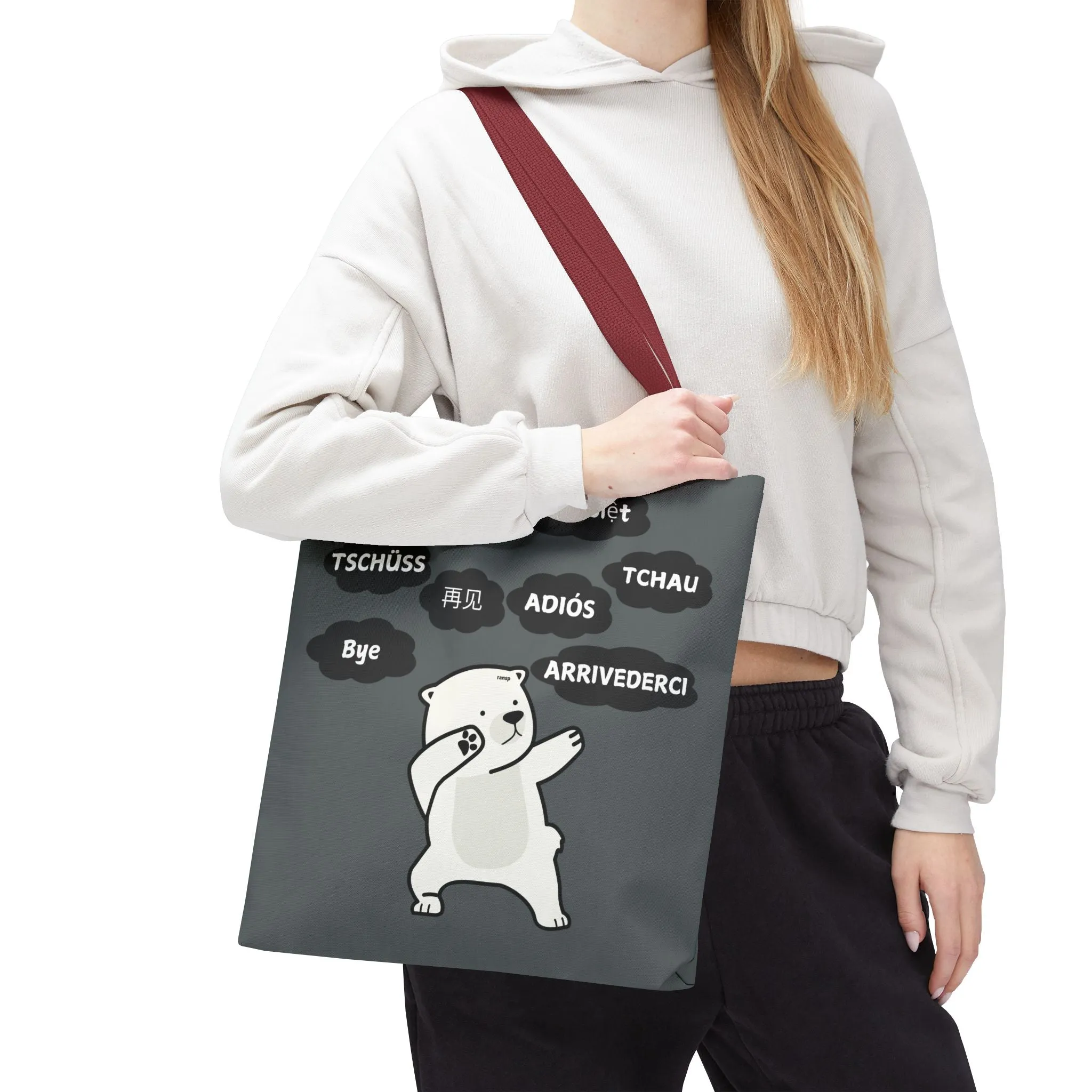 Dark Grey Multilingual Farewell Tote Bag with Dancing Bear Design- Perfect for Friendship Gifts, Bag for Shopping, Everyday Shopping bag