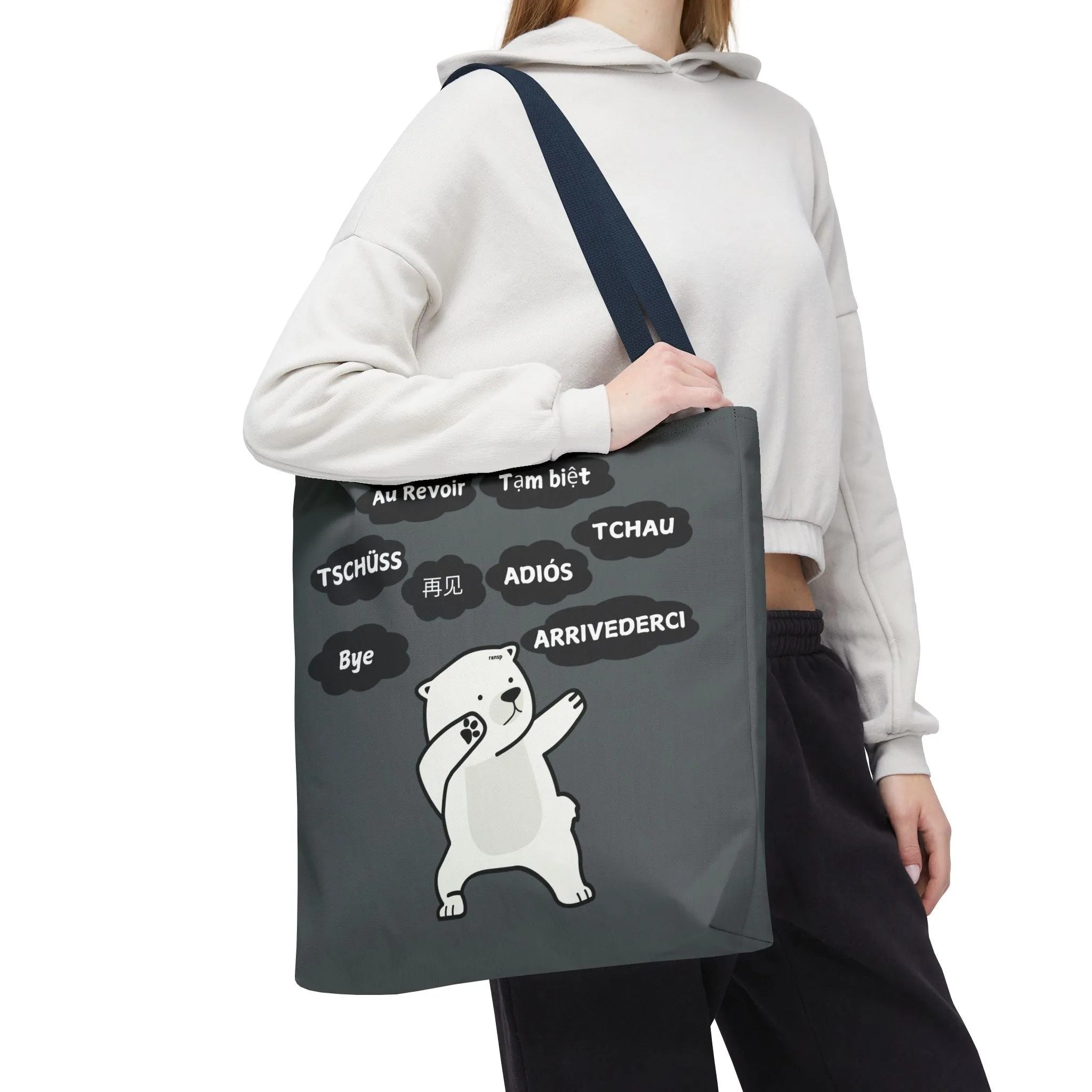 Dark Grey Multilingual Farewell Tote Bag with Dancing Bear Design- Perfect for Friendship Gifts, Bag for Shopping, Everyday Shopping bag
