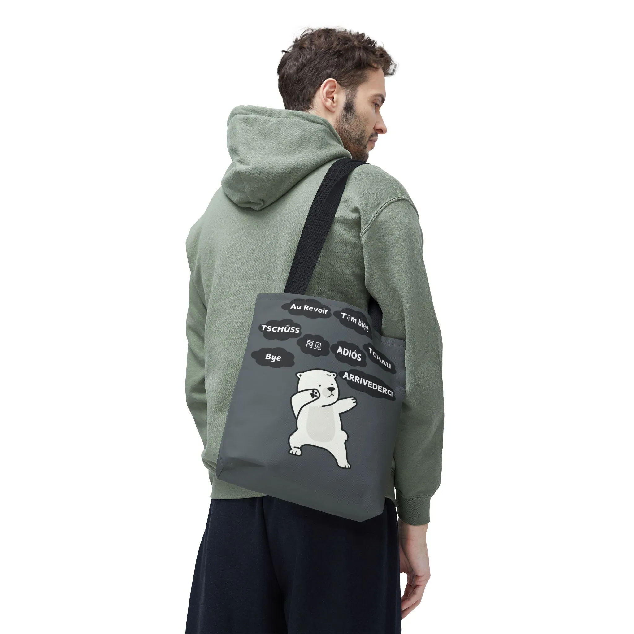 Dark Grey Multilingual Farewell Tote Bag with Dancing Bear Design- Perfect for Friendship Gifts, Bag for Shopping, Everyday Shopping bag
