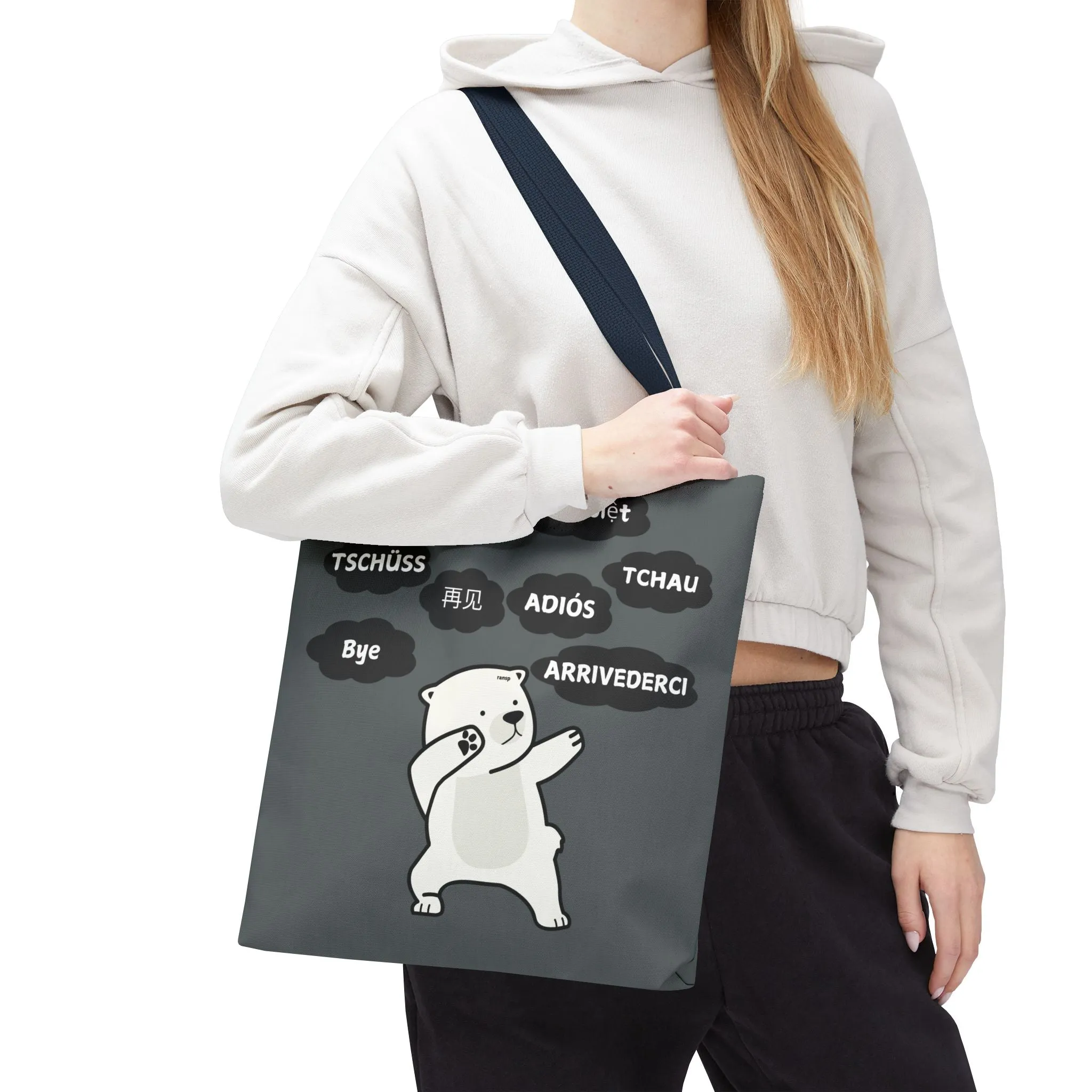 Dark Grey Multilingual Farewell Tote Bag with Dancing Bear Design- Perfect for Friendship Gifts, Bag for Shopping, Everyday Shopping bag