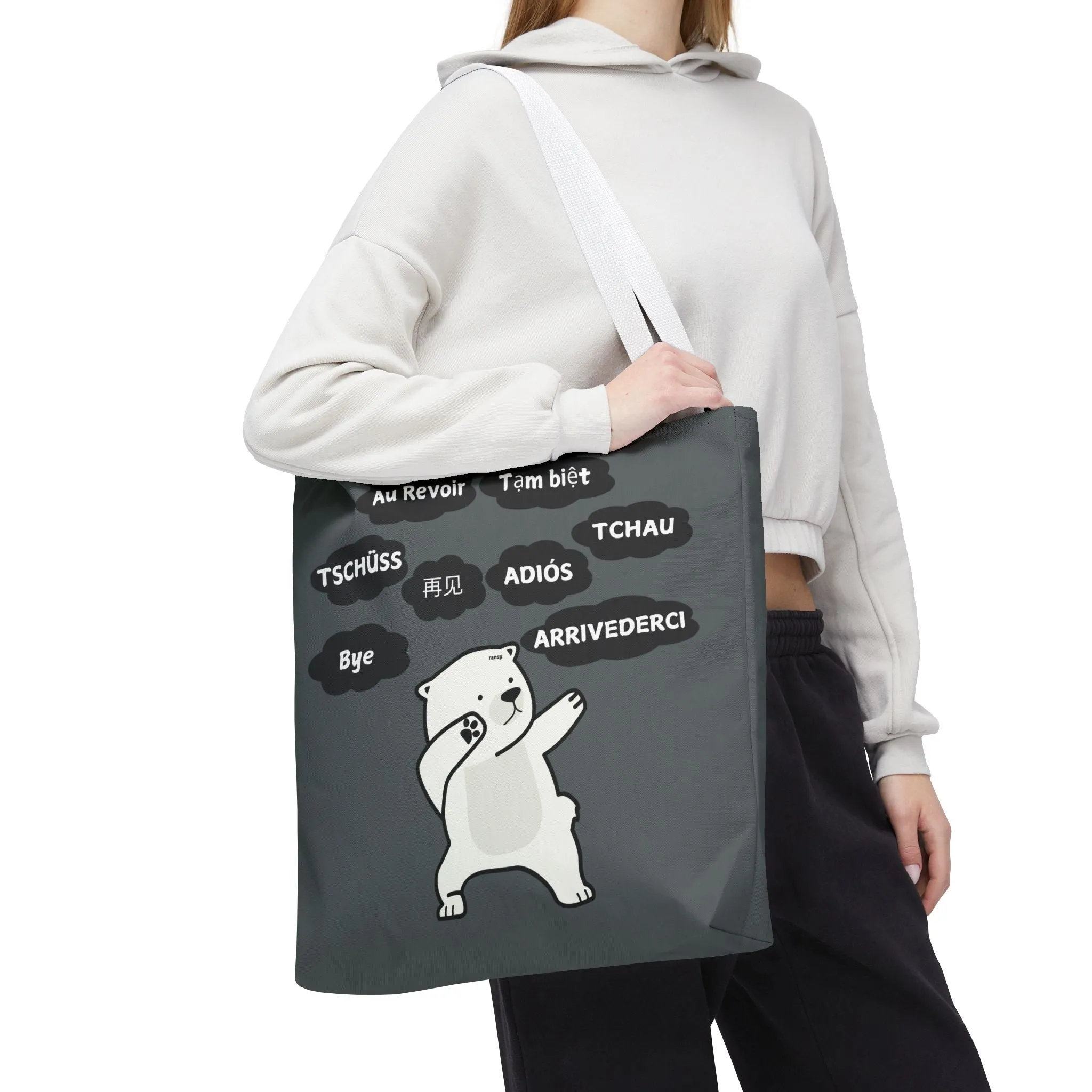 Dark Grey Multilingual Farewell Tote Bag with Dancing Bear Design- Perfect for Friendship Gifts, Bag for Shopping, Everyday Shopping bag