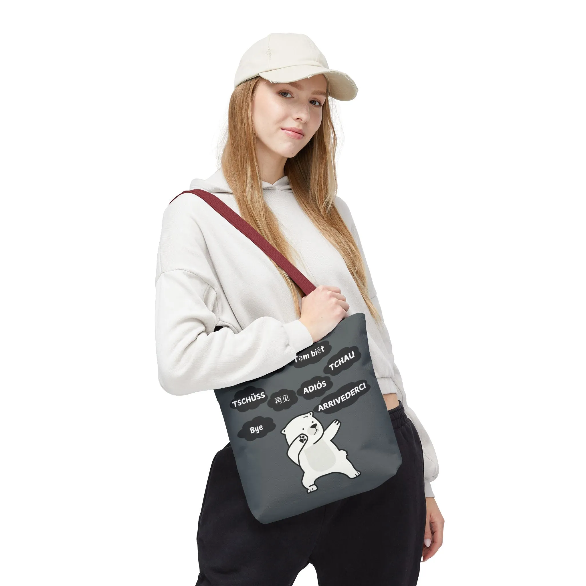 Dark Grey Multilingual Farewell Tote Bag with Dancing Bear Design- Perfect for Friendship Gifts, Bag for Shopping, Everyday Shopping bag