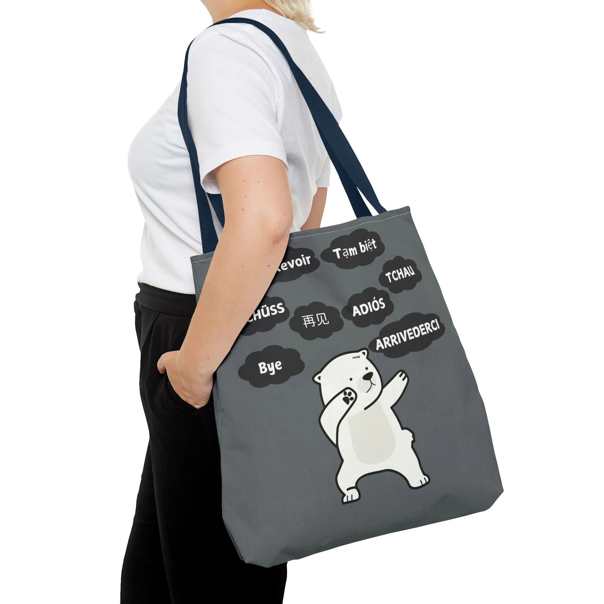 Dark Grey Multilingual Farewell Tote Bag with Dancing Bear Design- Perfect for Friendship Gifts, Bag for Shopping, Everyday Shopping bag