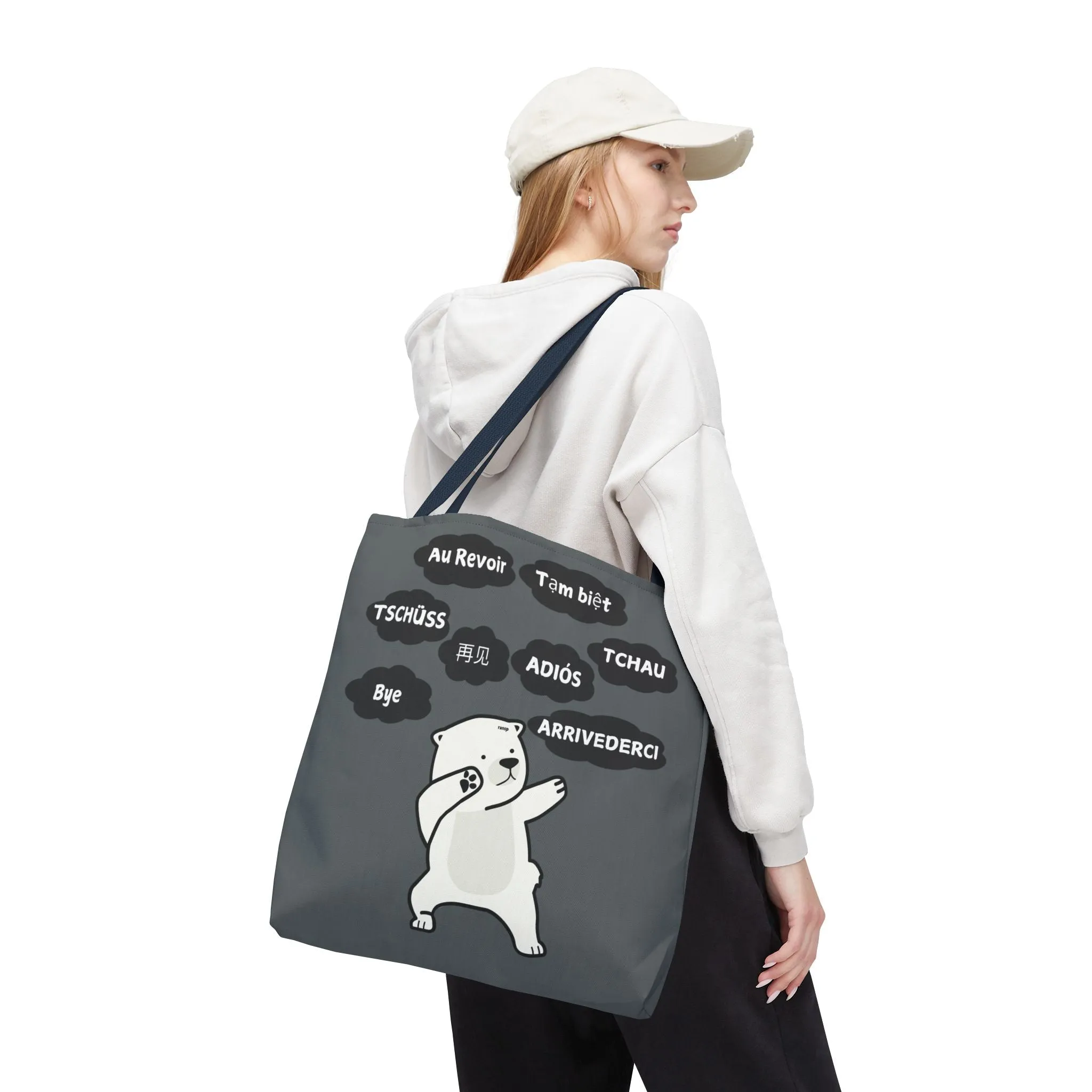 Dark Grey Multilingual Farewell Tote Bag with Dancing Bear Design- Perfect for Friendship Gifts, Bag for Shopping, Everyday Shopping bag
