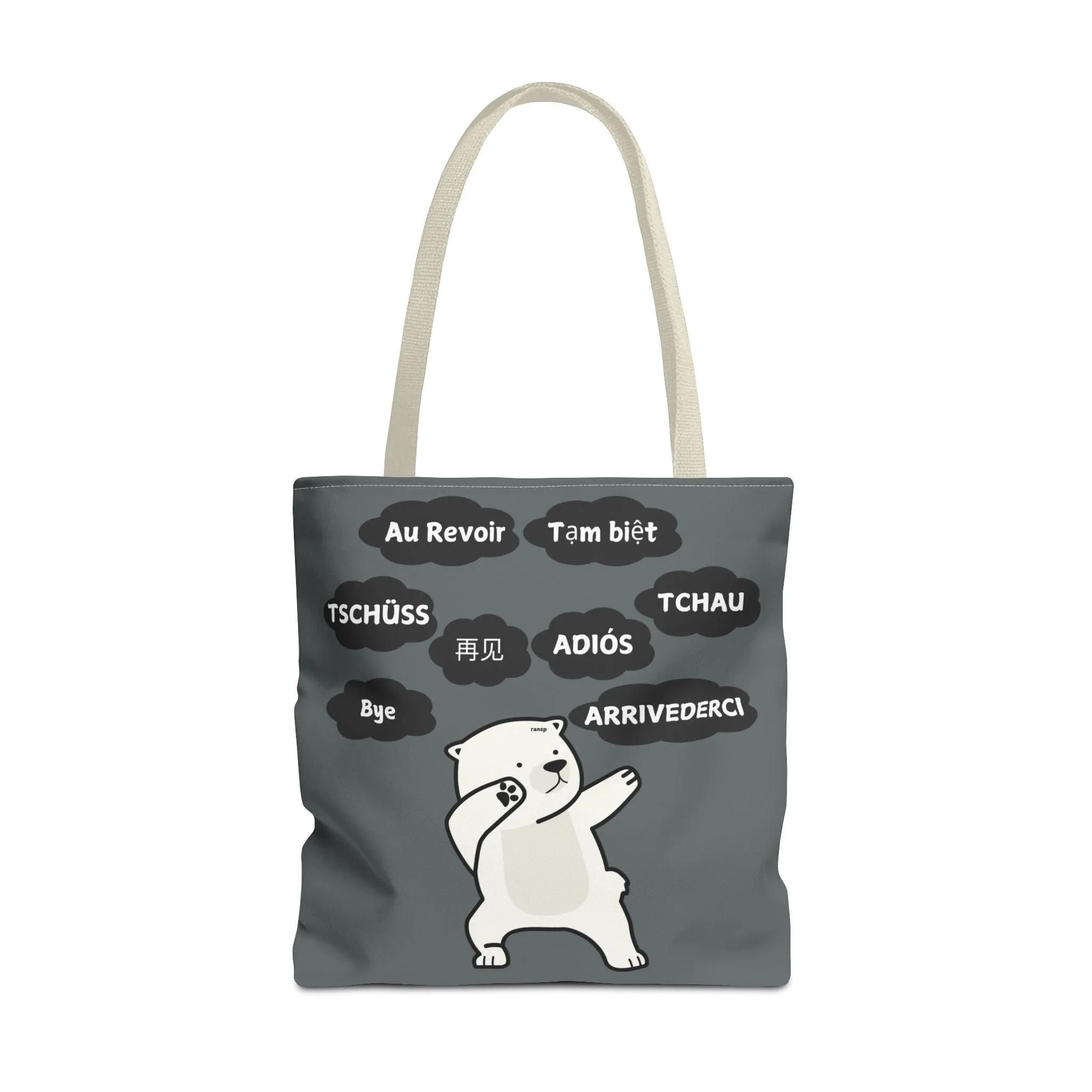 Dark Grey Multilingual Farewell Tote Bag with Dancing Bear Design- Perfect for Friendship Gifts, Bag for Shopping, Everyday Shopping bag