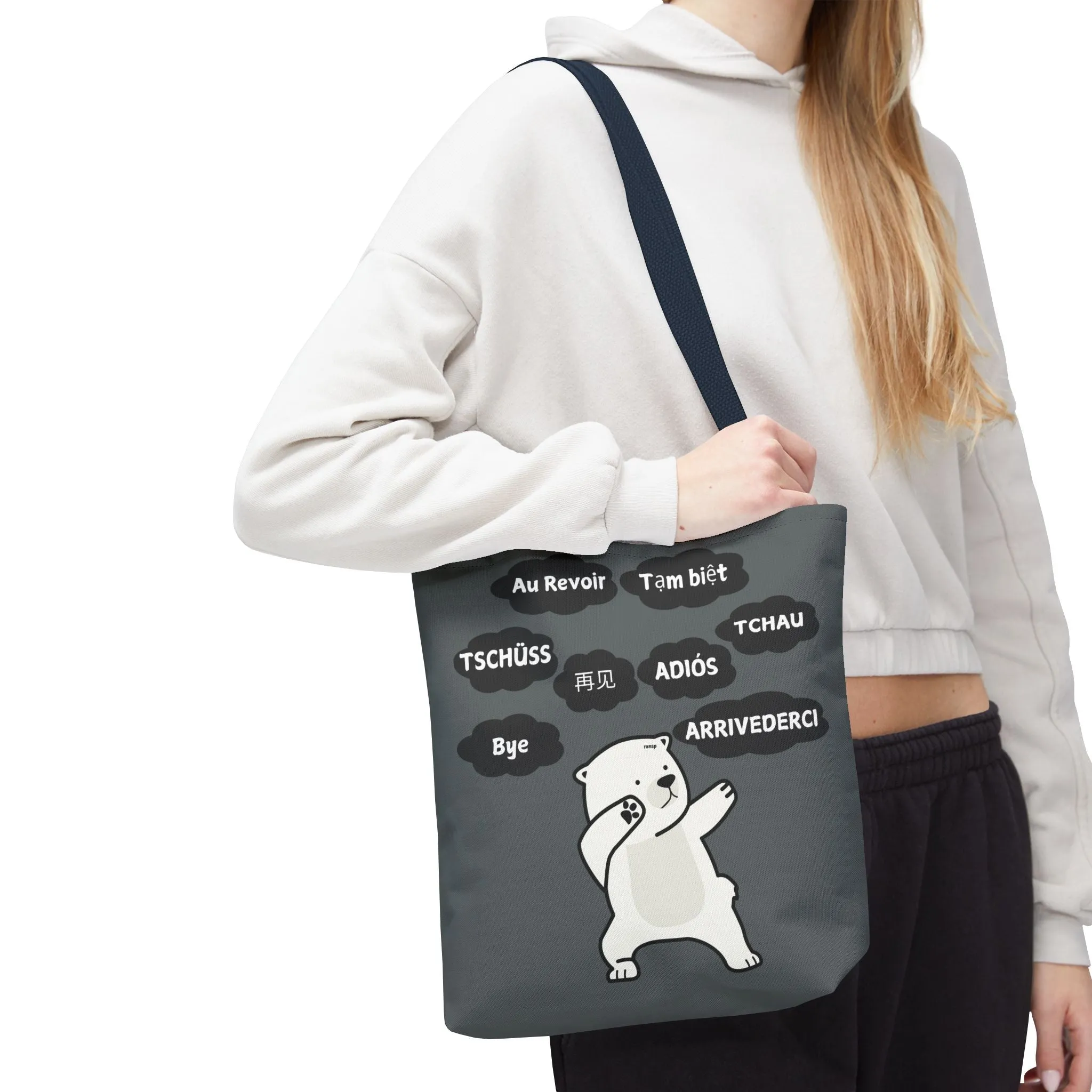 Dark Grey Multilingual Farewell Tote Bag with Dancing Bear Design- Perfect for Friendship Gifts, Bag for Shopping, Everyday Shopping bag