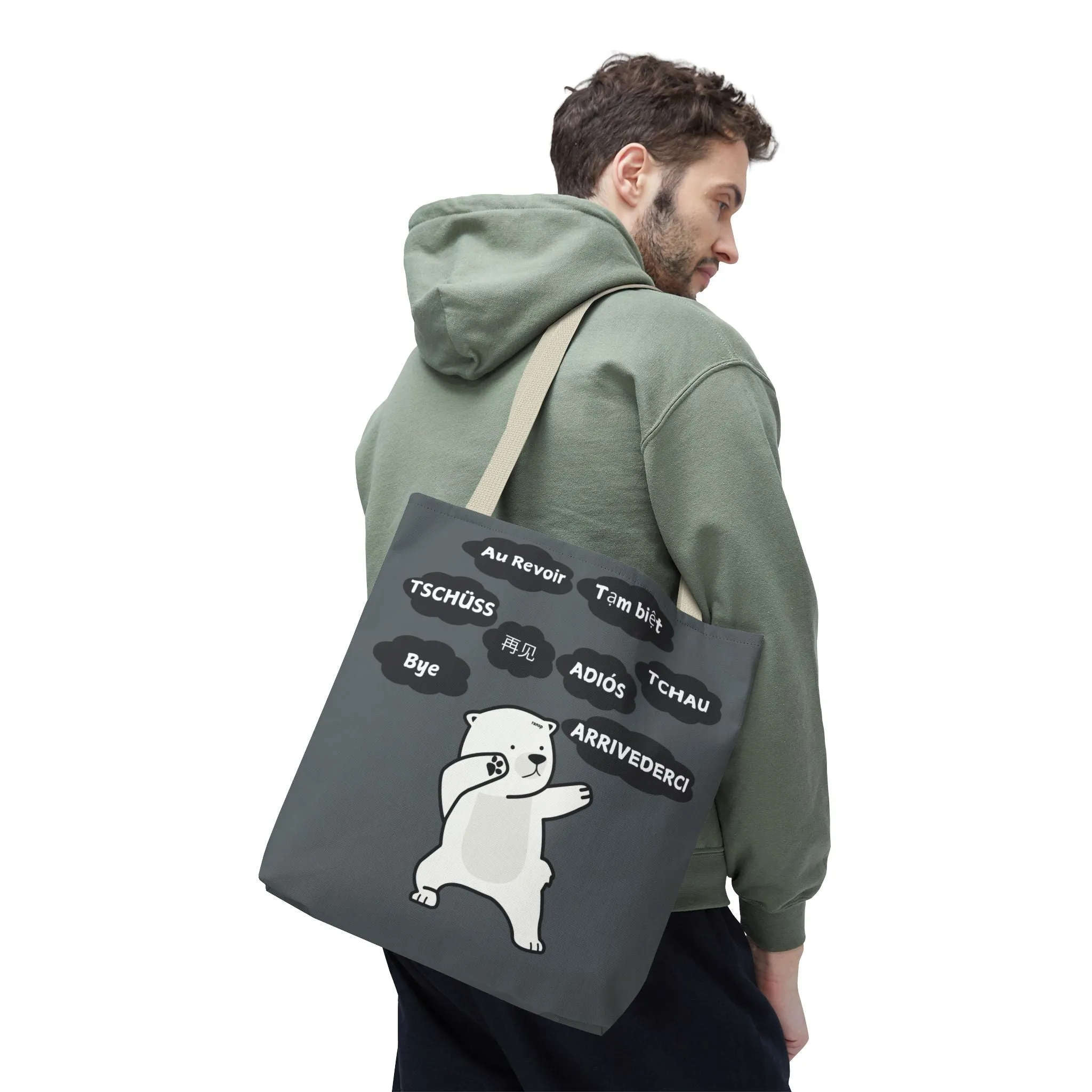 Dark Grey Multilingual Farewell Tote Bag with Dancing Bear Design- Perfect for Friendship Gifts, Bag for Shopping, Everyday Shopping bag