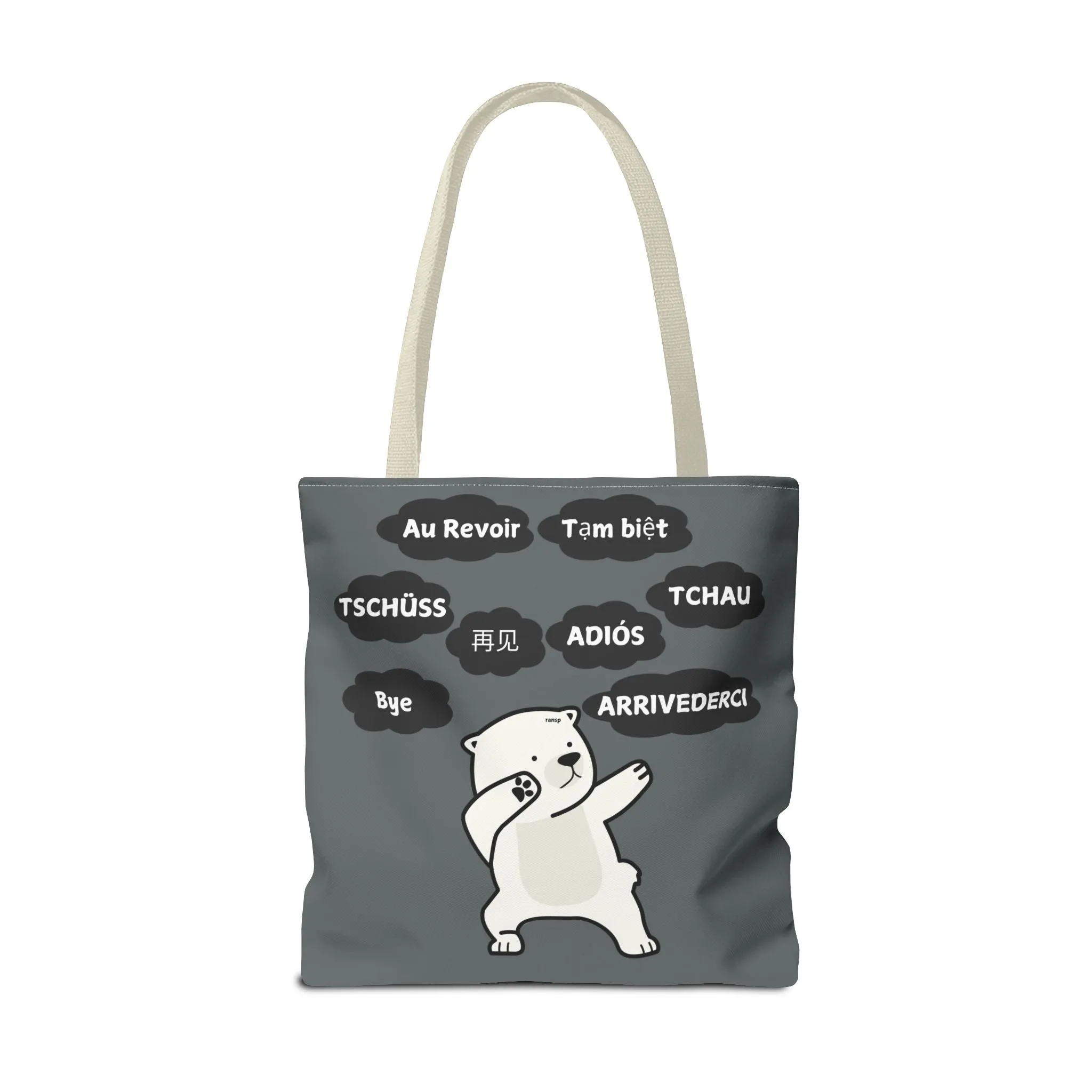 Dark Grey Multilingual Farewell Tote Bag with Dancing Bear Design- Perfect for Friendship Gifts, Bag for Shopping, Everyday Shopping bag