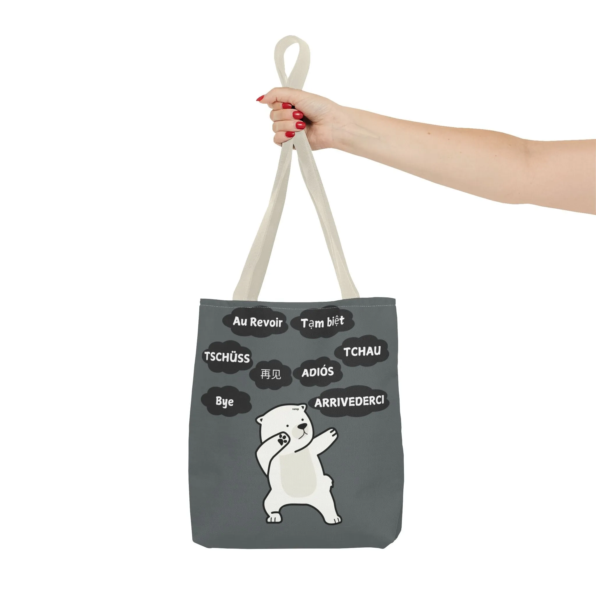 Dark Grey Multilingual Farewell Tote Bag with Dancing Bear Design- Perfect for Friendship Gifts, Bag for Shopping, Everyday Shopping bag