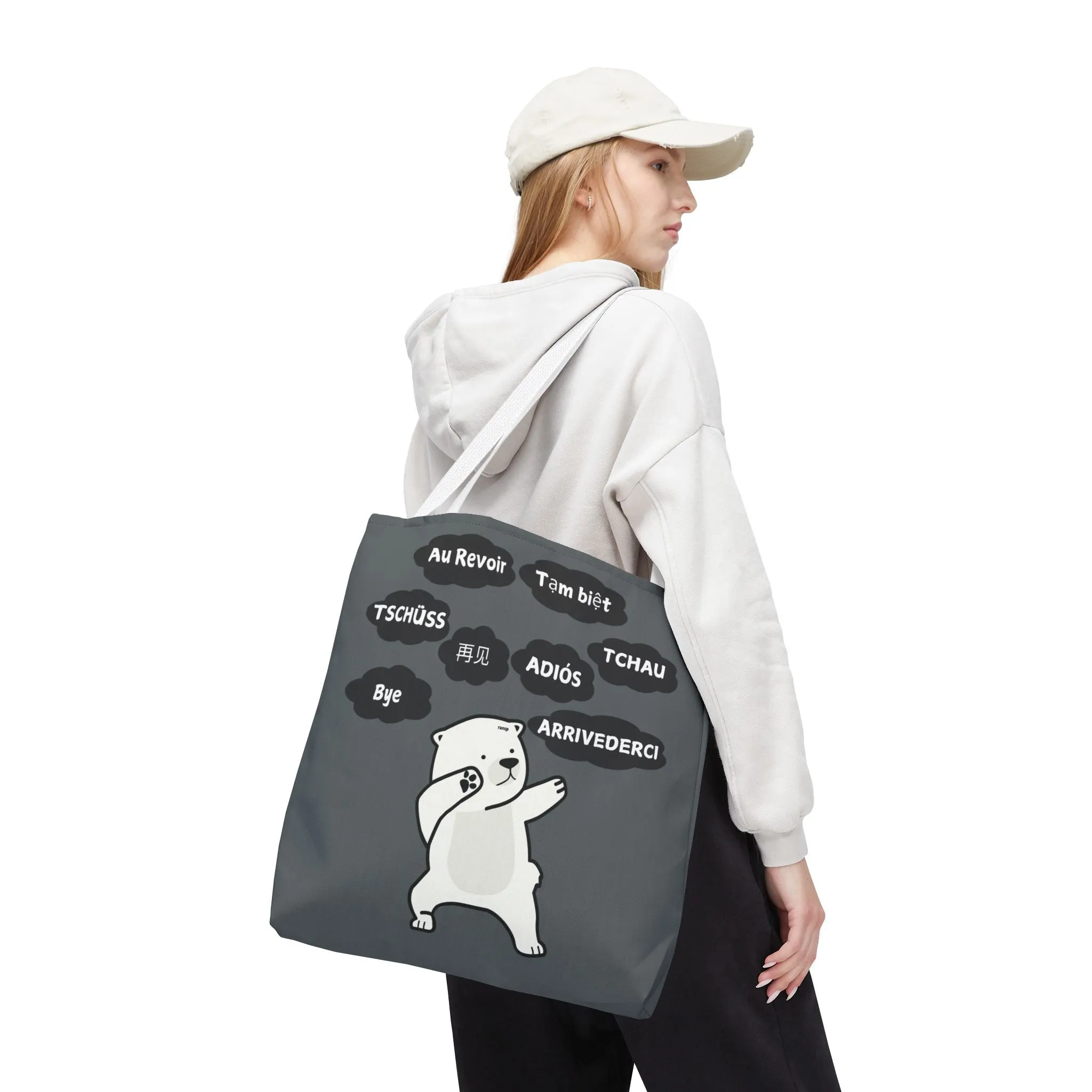 Dark Grey Multilingual Farewell Tote Bag with Dancing Bear Design- Perfect for Friendship Gifts, Bag for Shopping, Everyday Shopping bag