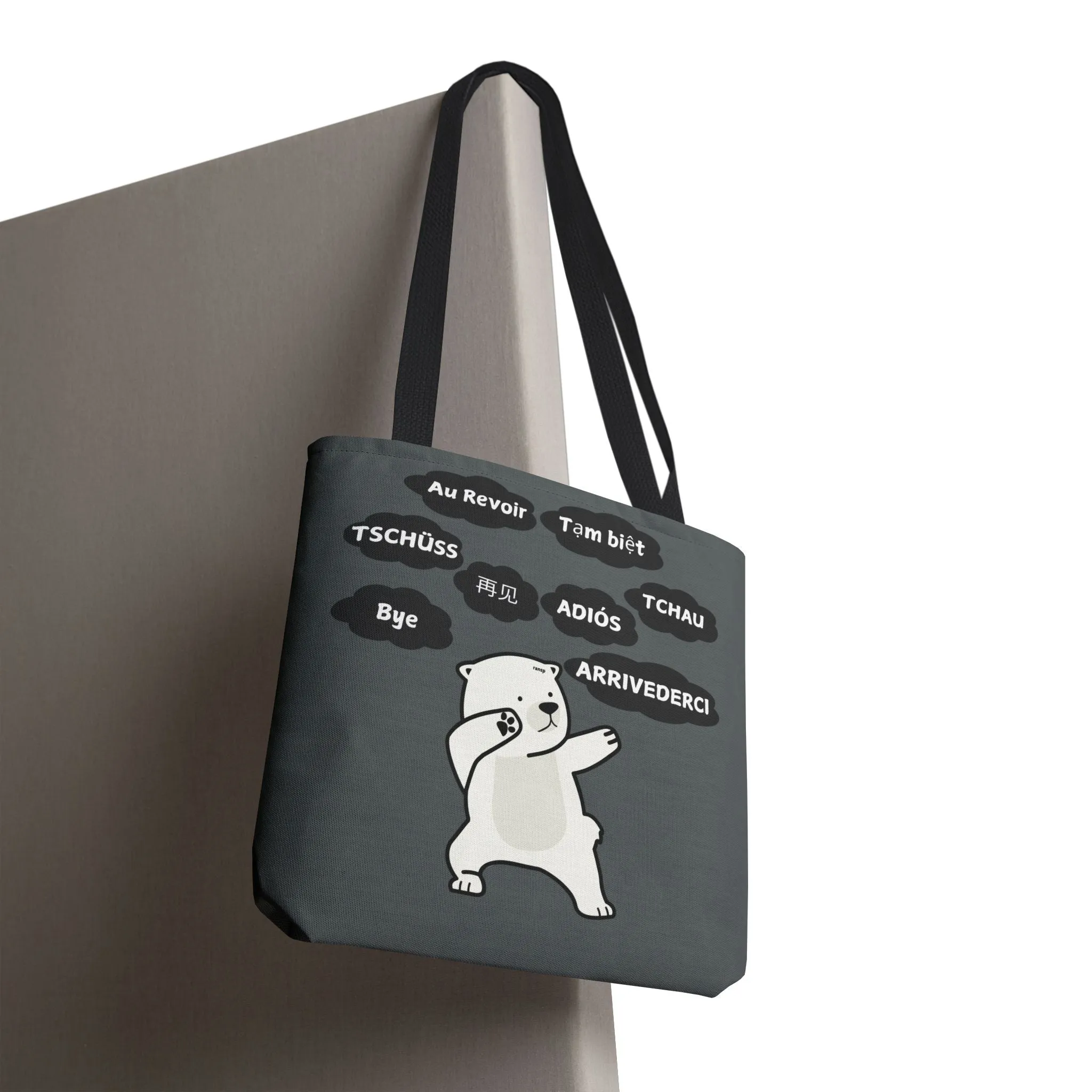 Dark Grey Multilingual Farewell Tote Bag with Dancing Bear Design- Perfect for Friendship Gifts, Bag for Shopping, Everyday Shopping bag
