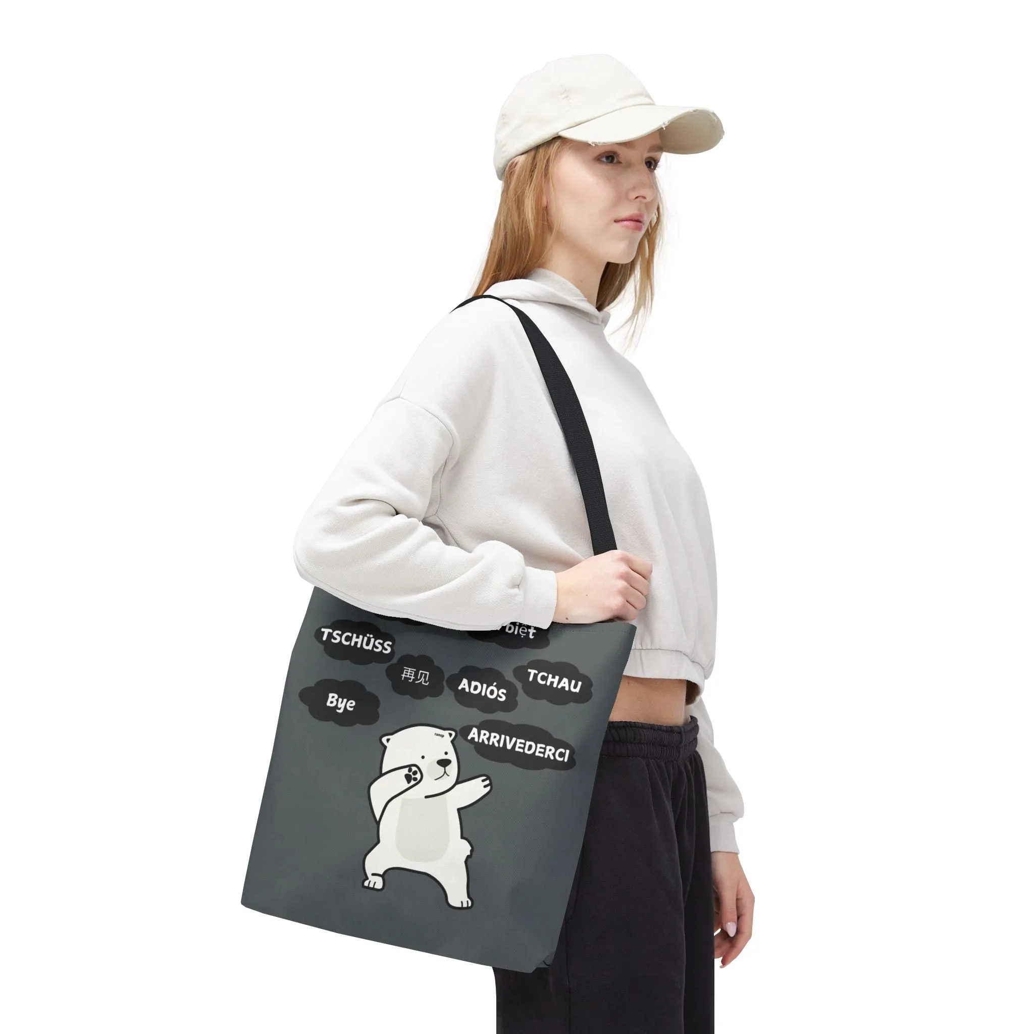 Dark Grey Multilingual Farewell Tote Bag with Dancing Bear Design- Perfect for Friendship Gifts, Bag for Shopping, Everyday Shopping bag