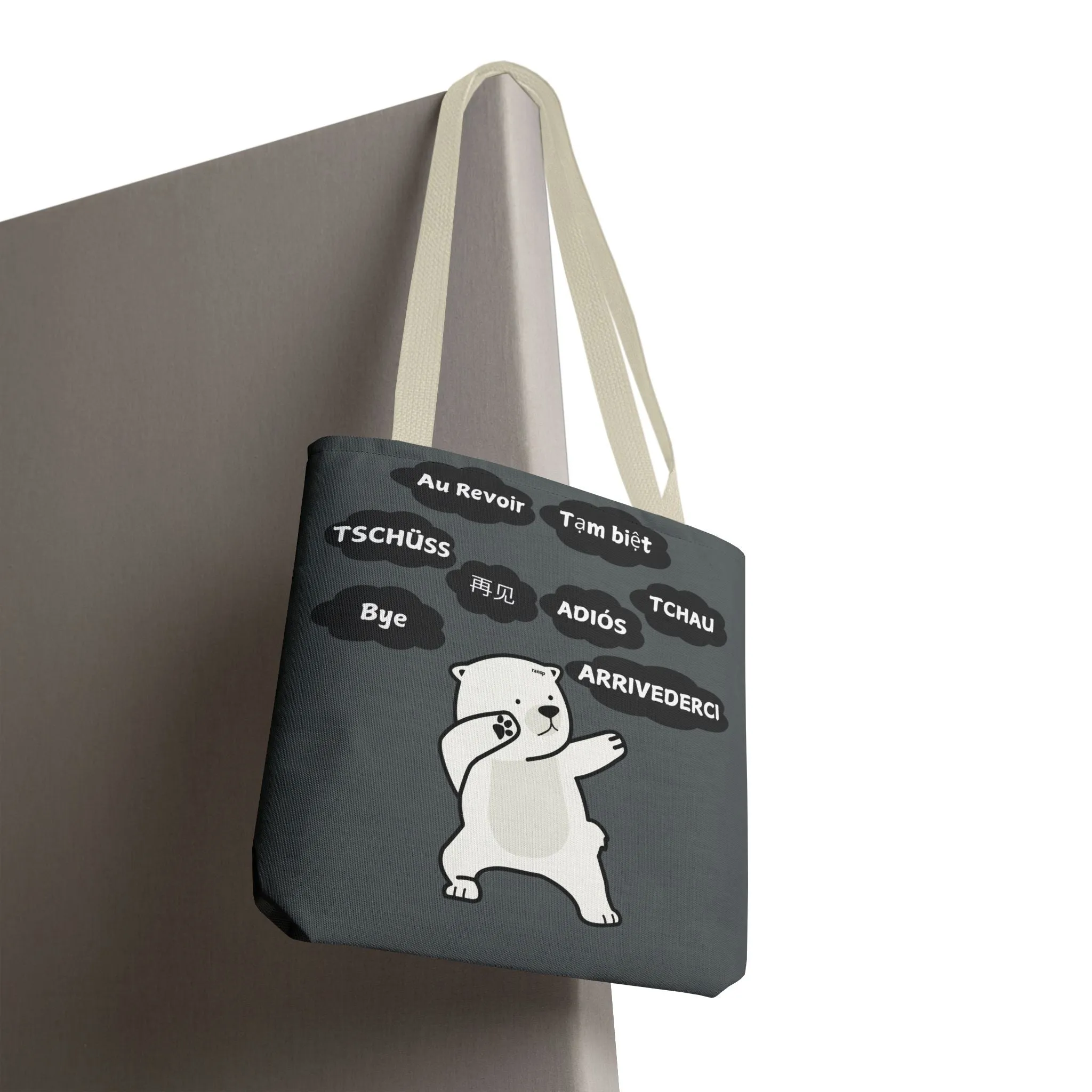 Dark Grey Multilingual Farewell Tote Bag with Dancing Bear Design- Perfect for Friendship Gifts, Bag for Shopping, Everyday Shopping bag